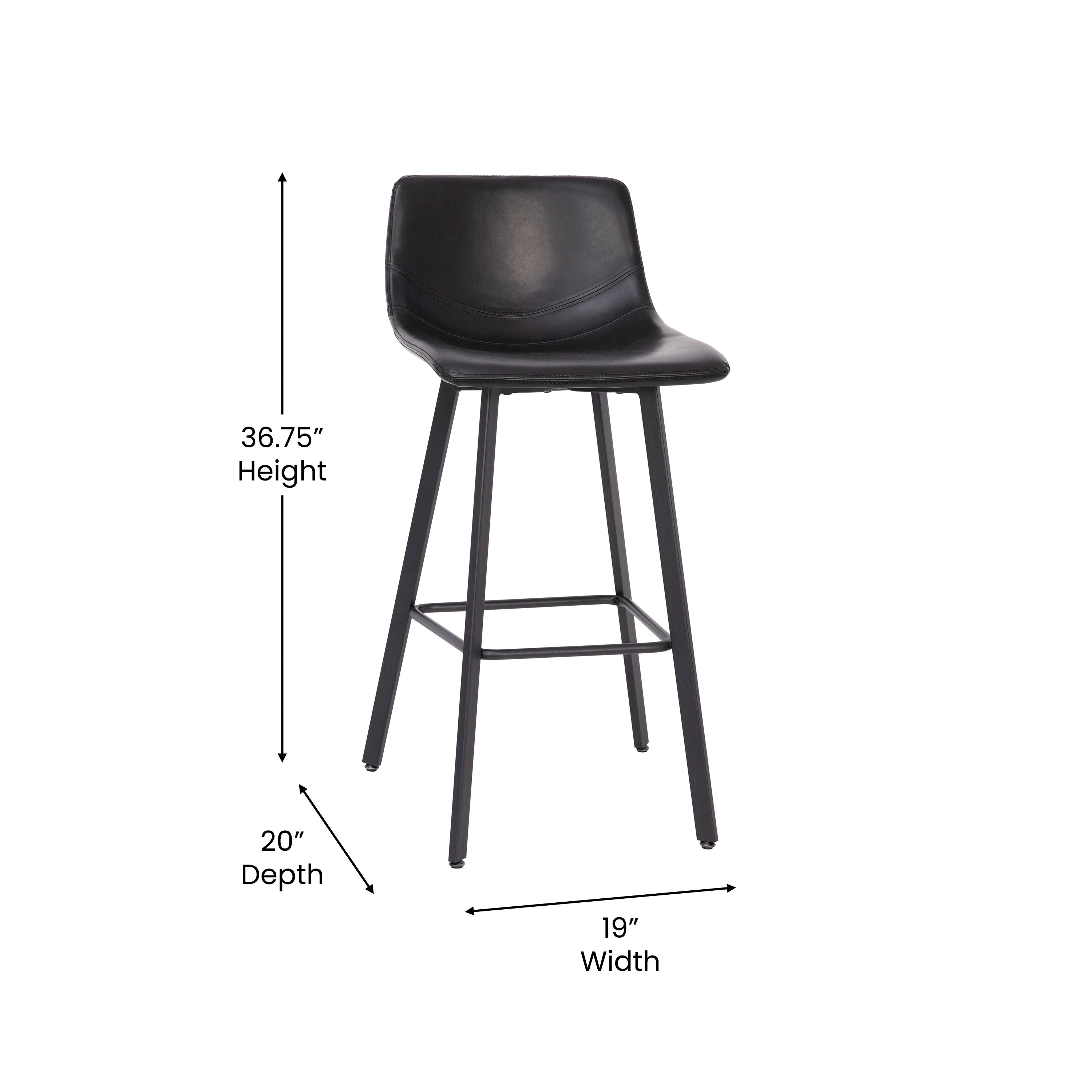 Caleb Modern Armless 30 Inch Bar Height Barstools with Footrests and Matte Iron Frames, Set of 2