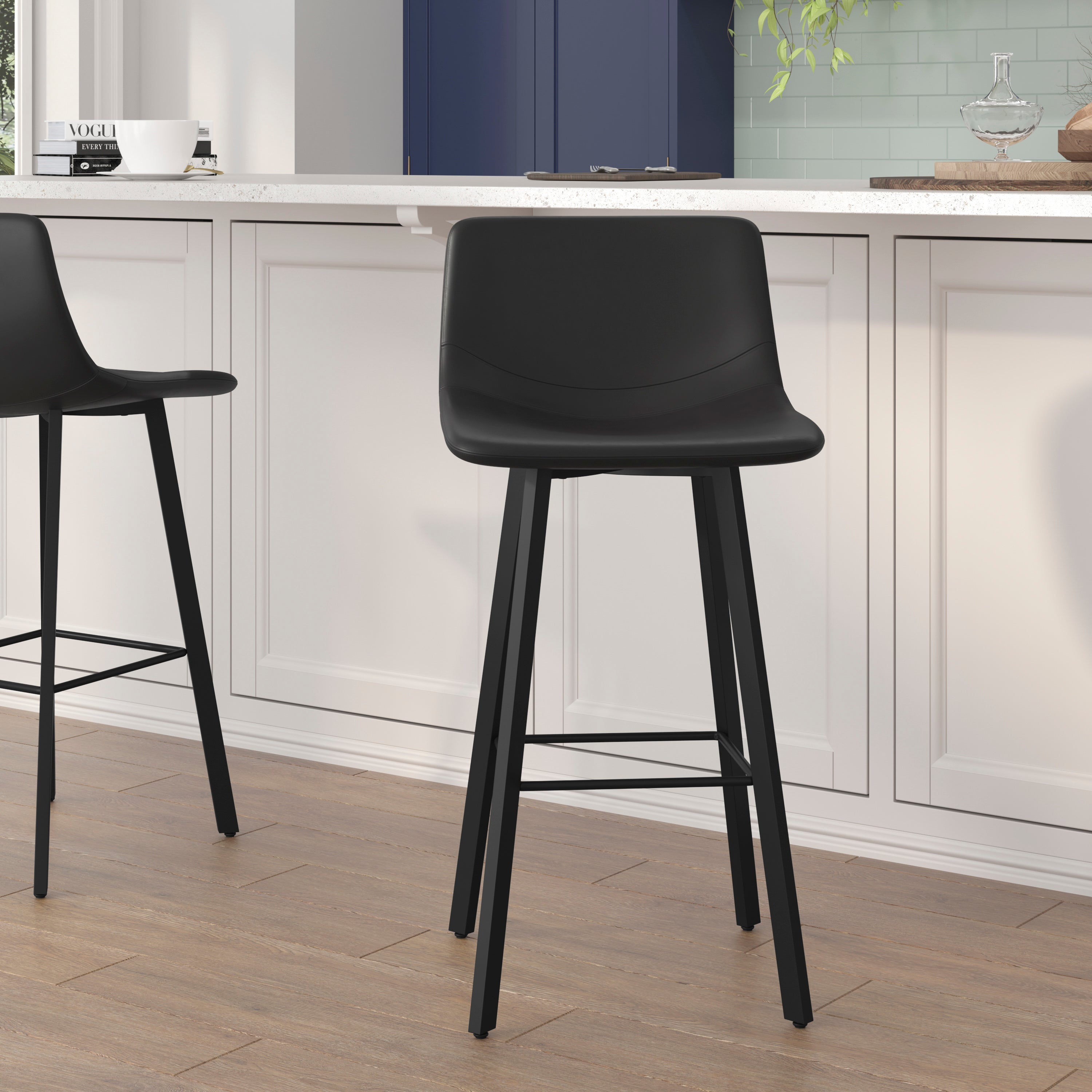 Caleb Modern Armless 30 Inch Bar Height Barstools with Footrests and Matte Iron Frames, Set of 2