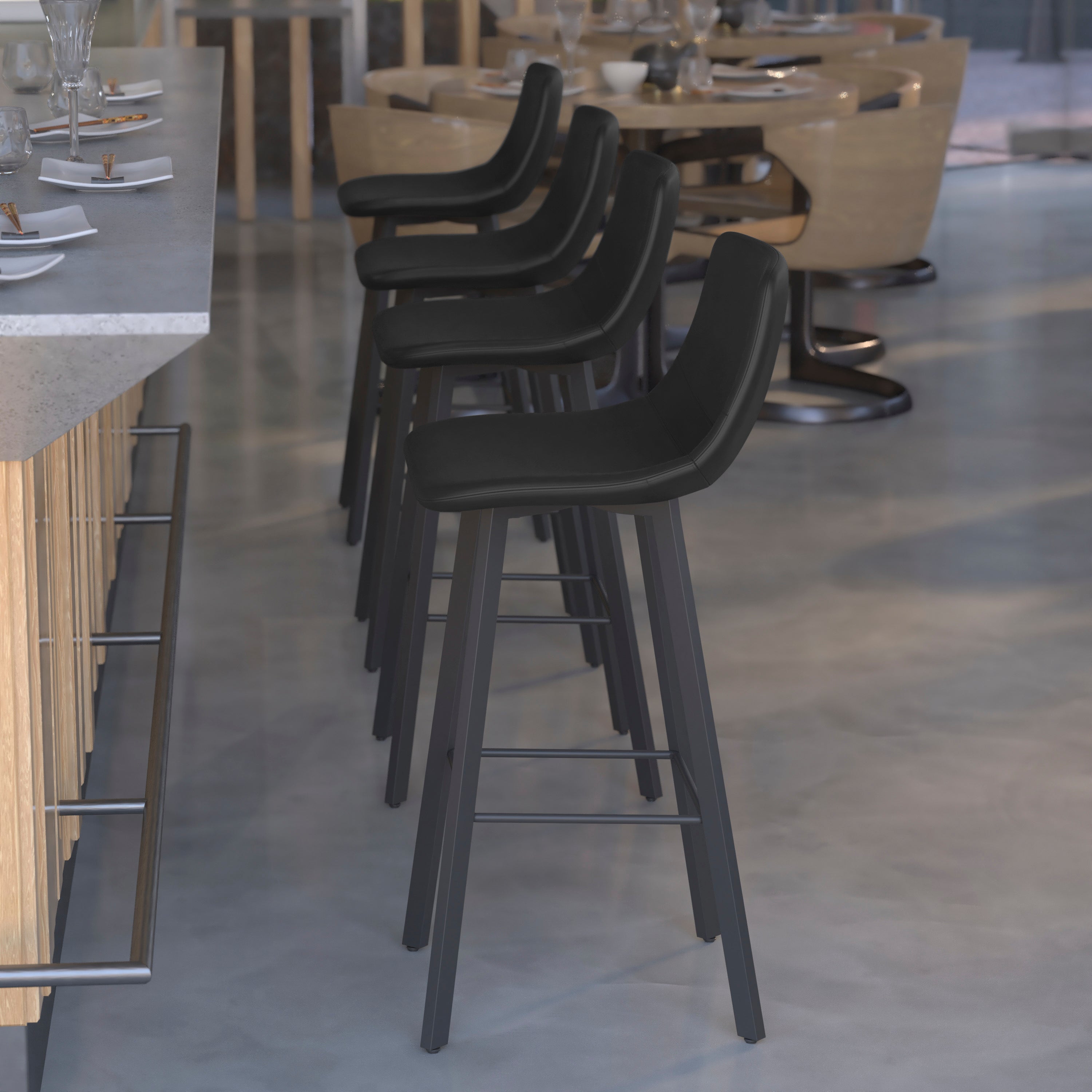 Caleb Modern Armless 30 Inch Bar Height Barstools with Footrests and Matte Iron Frames, Set of 2