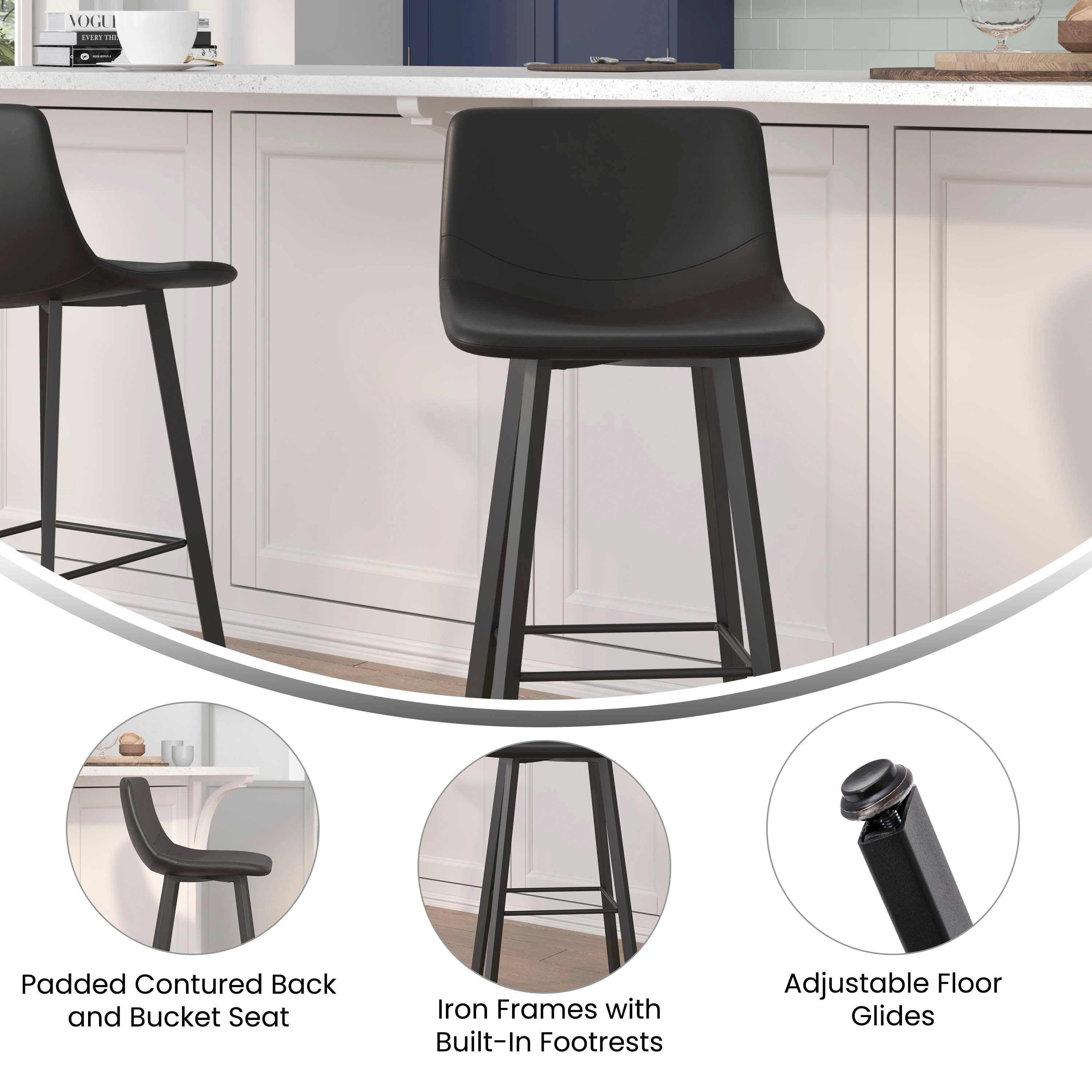 Caleb Modern Armless 30 Inch Bar Height Barstools with Footrests and Matte Iron Frames, Set of 2