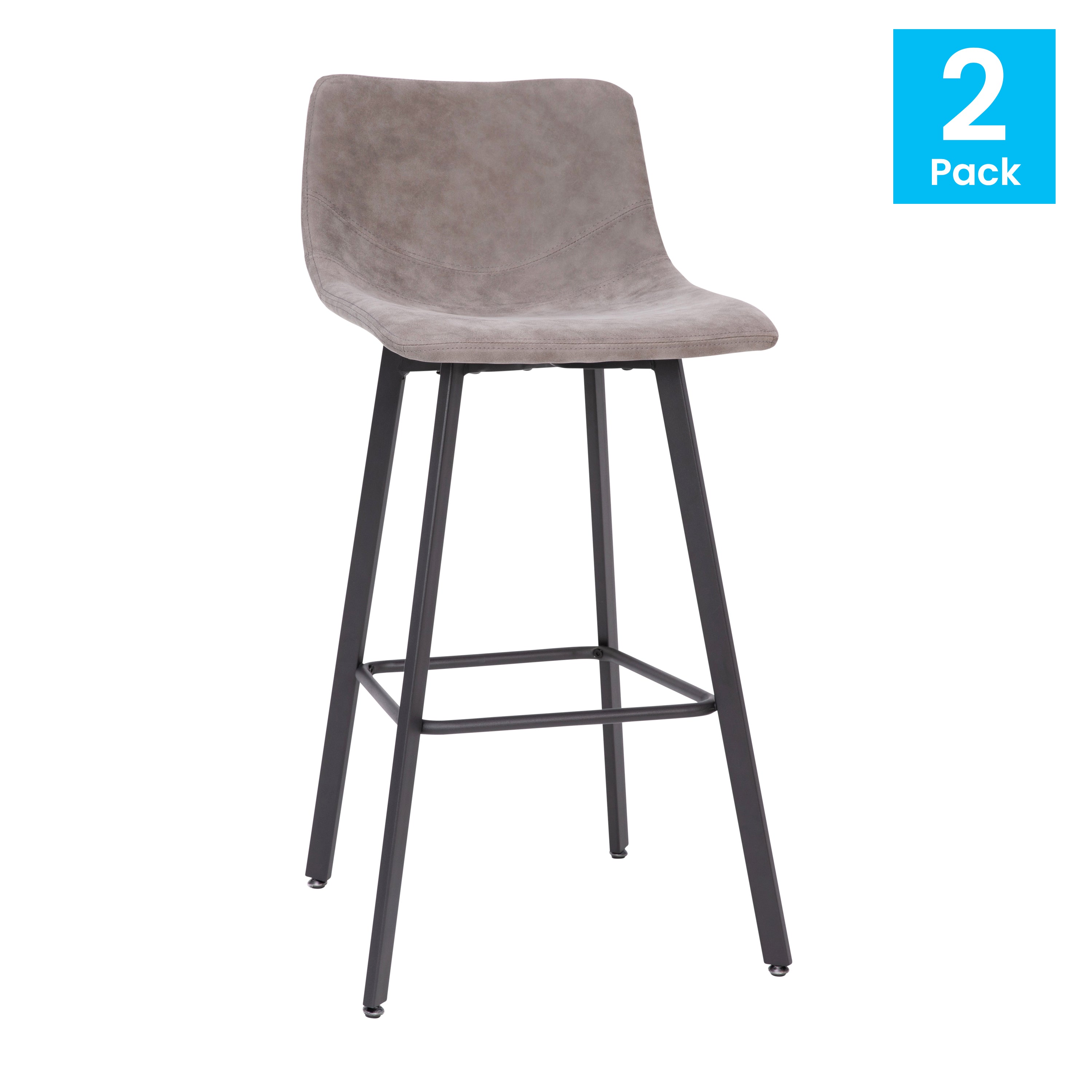 Caleb Modern Armless 30 Inch Bar Height Barstools with Footrests and Matte Iron Frames, Set of 2
