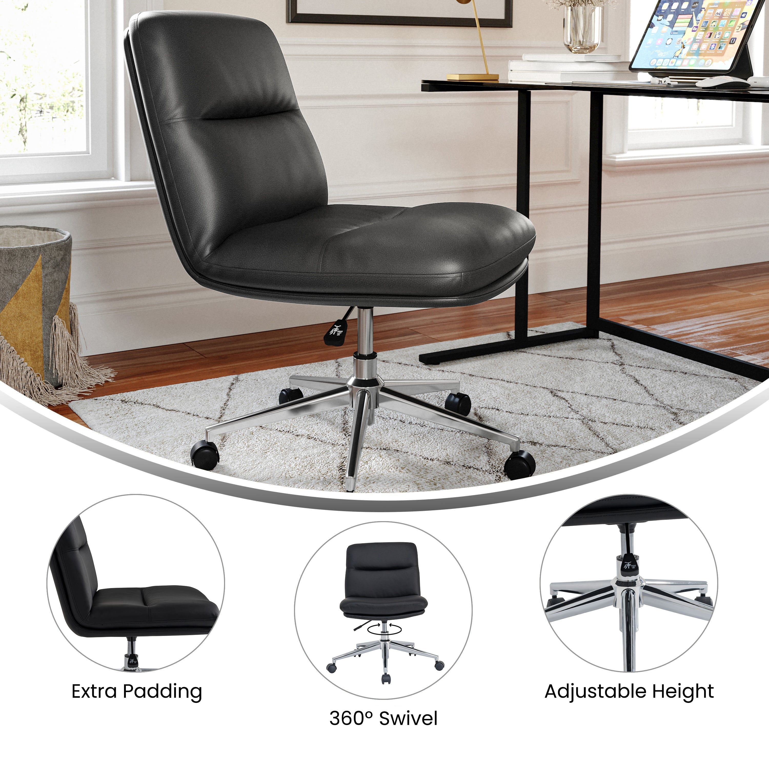 Chloe Commercial Mid-Back Padded Upholstered Armless Task Office Chair with Wheels, Adjustable Height, Swivel Function, and Frame
