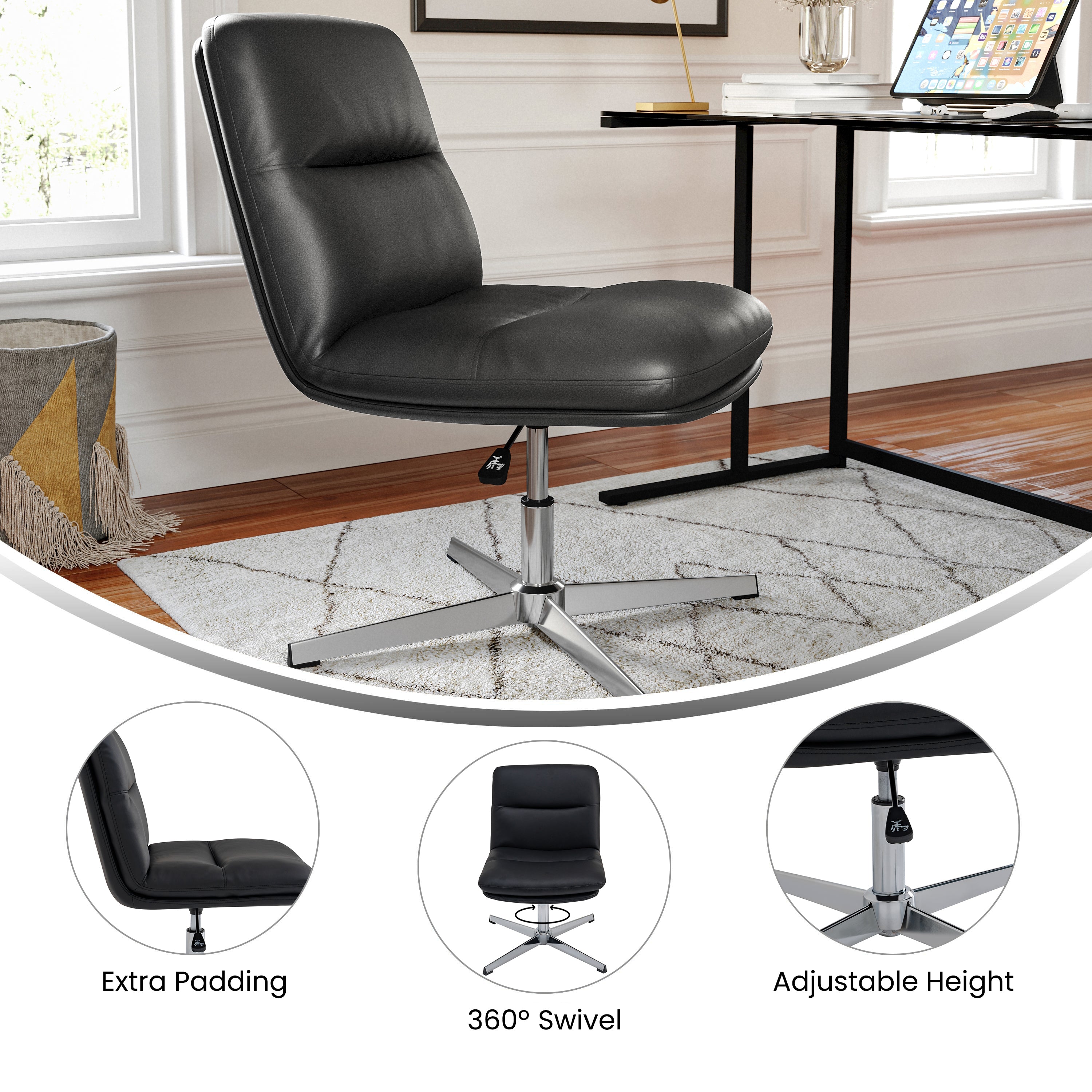 Chloe Commercial Mid-Back Padded Upholstered Armless Stationary Task Office Chair with Adjustable Height, Swivel Function, and Frame