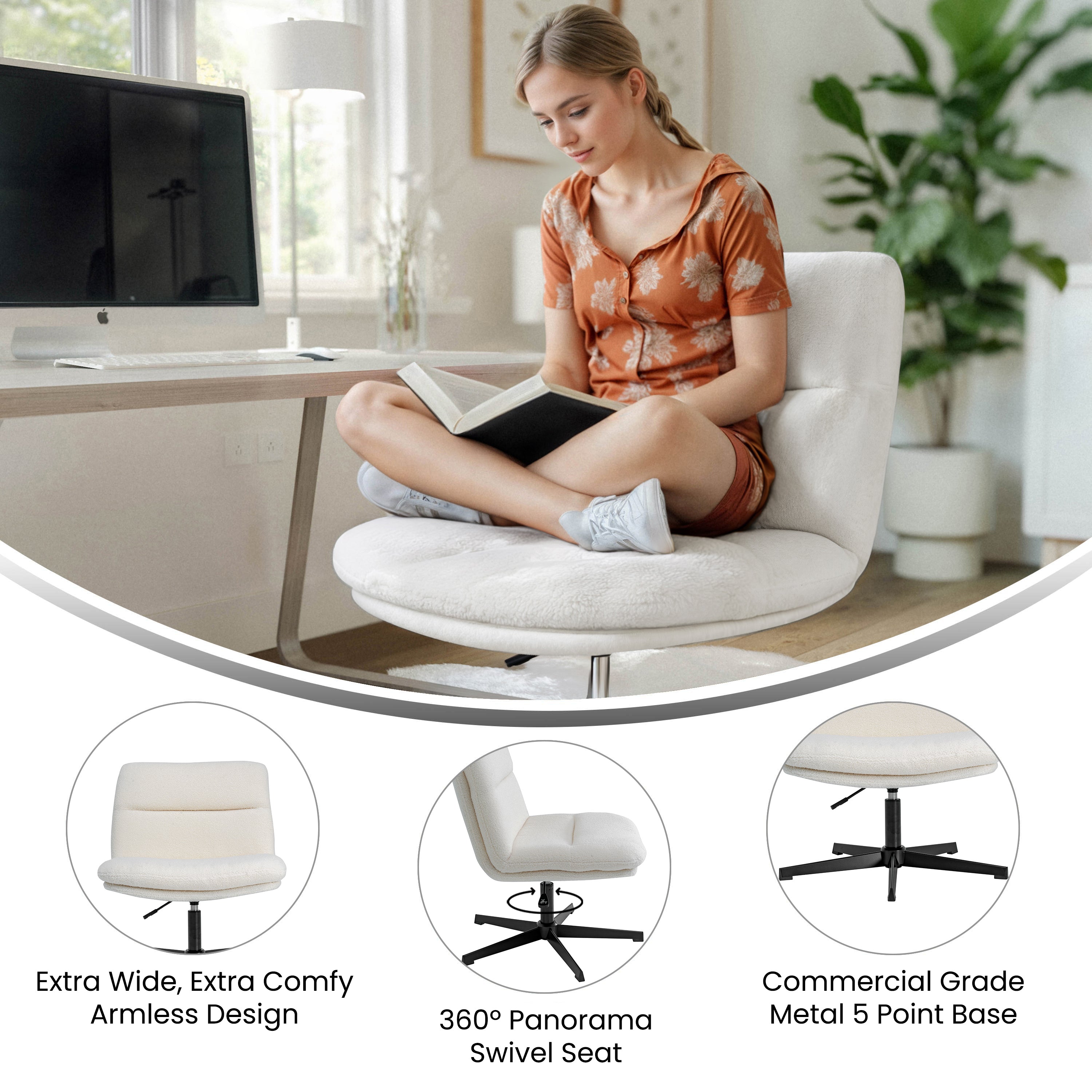 Chloe Commercial Wide Mid-Back Padded Upholstered Armless Stationary Task Office Chair with Adjustable Height, Swivel Function, Frame