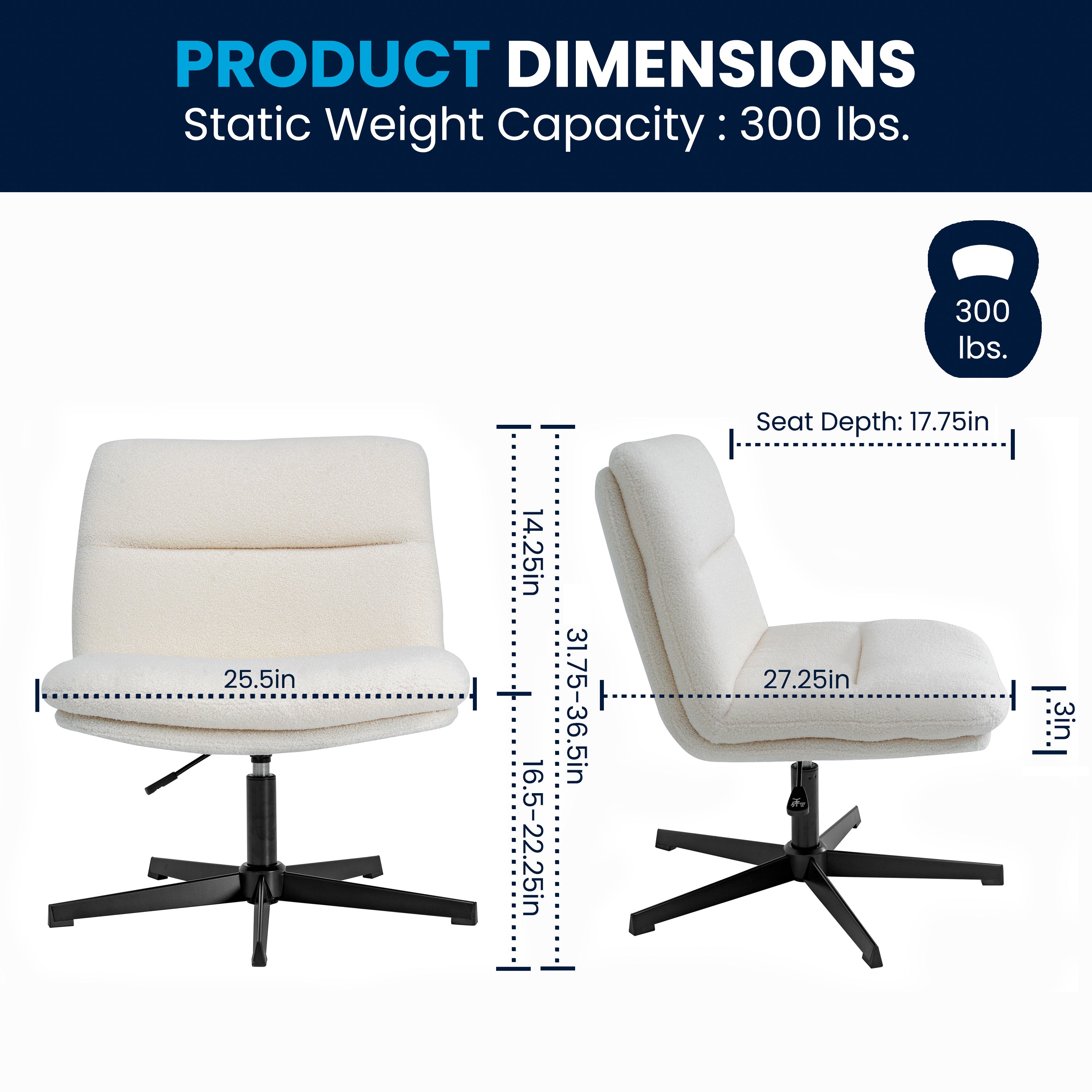 Chloe Commercial Wide Mid-Back Padded Upholstered Armless Stationary Task Office Chair with Adjustable Height, Swivel Function, Frame