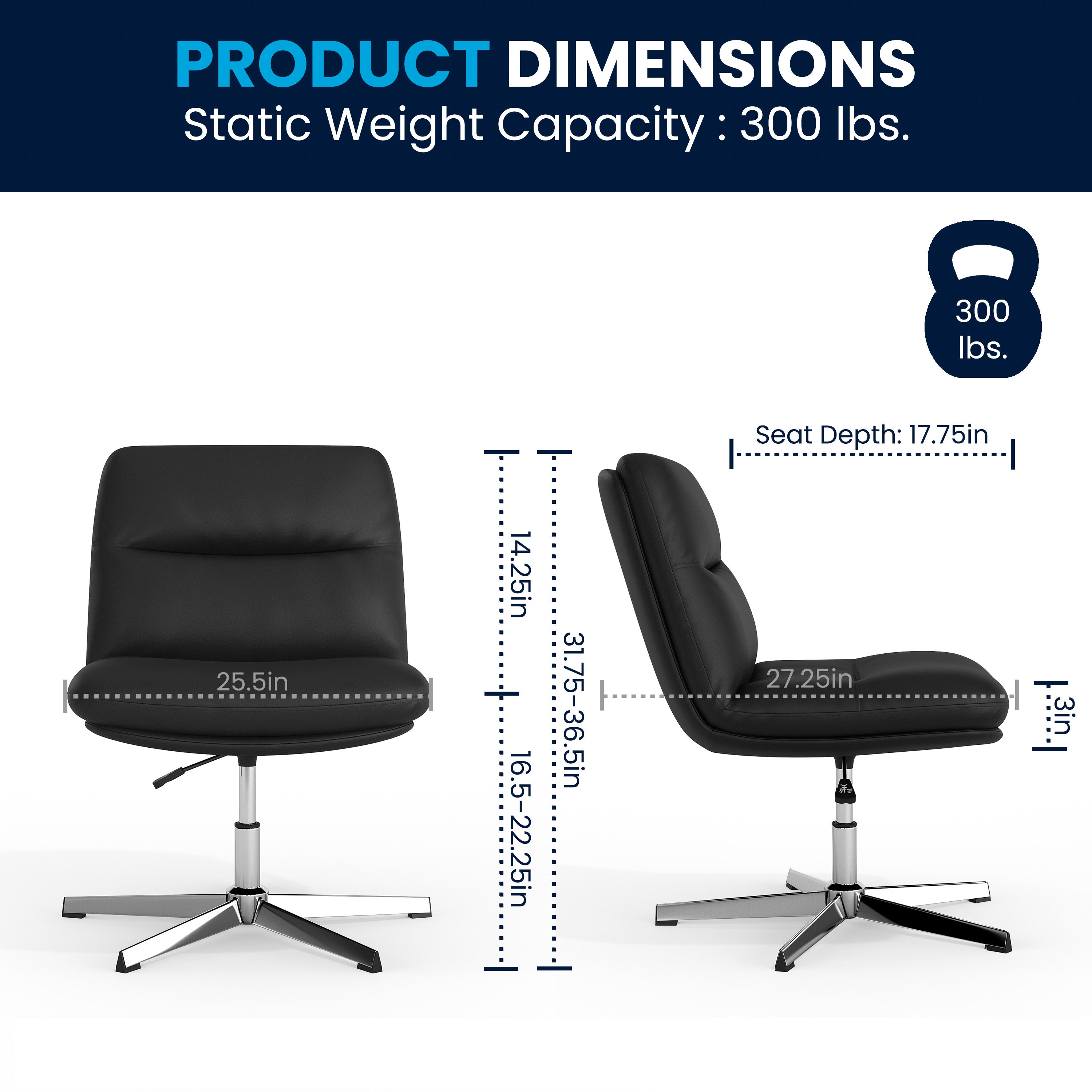 Chloe Commercial Wide Mid-Back Padded Upholstered Armless Stationary Task Office Chair with Adjustable Height, Swivel Function, Frame
