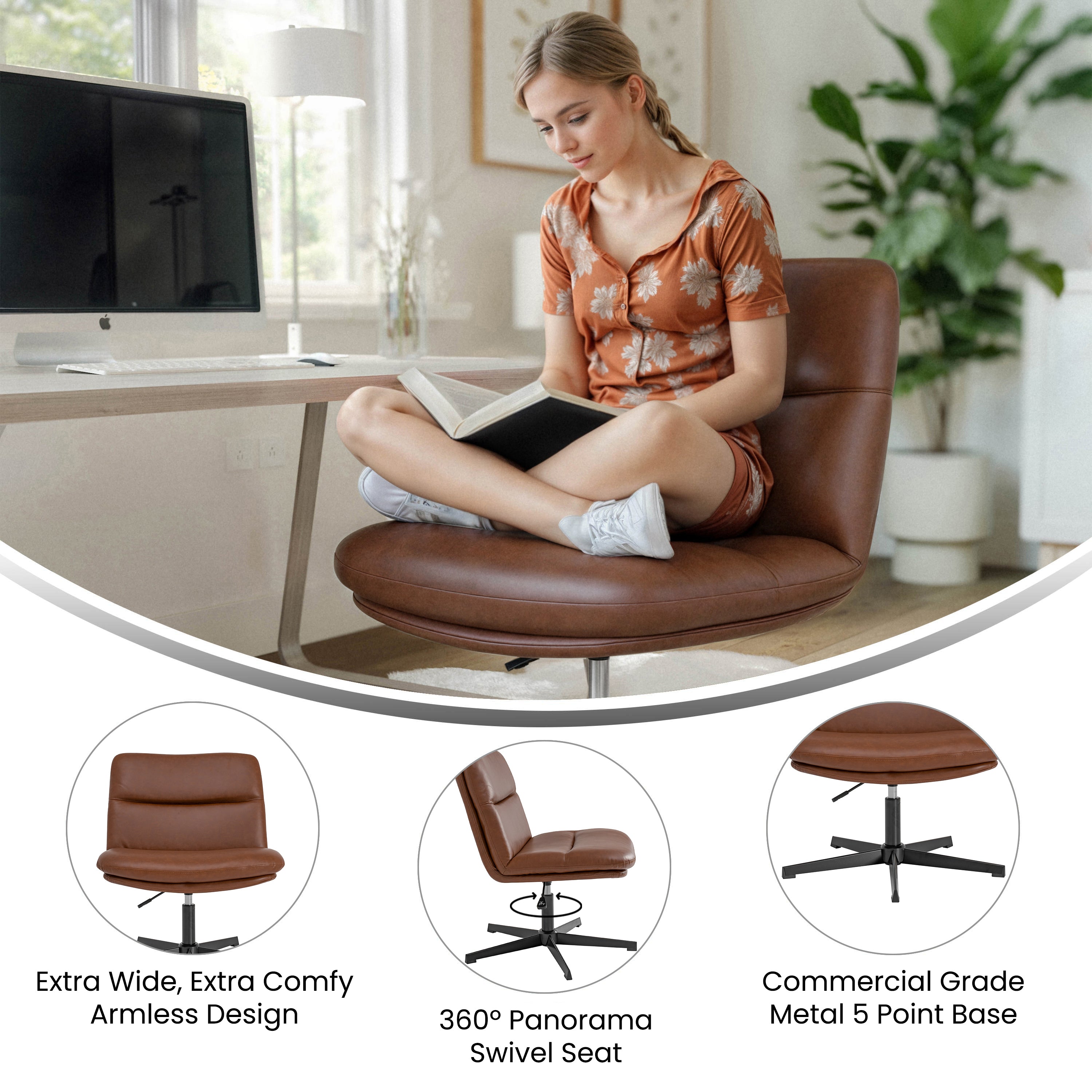 Chloe Commercial Wide Mid-Back Padded Upholstered Armless Stationary Task Office Chair with Adjustable Height, Swivel Function, Frame