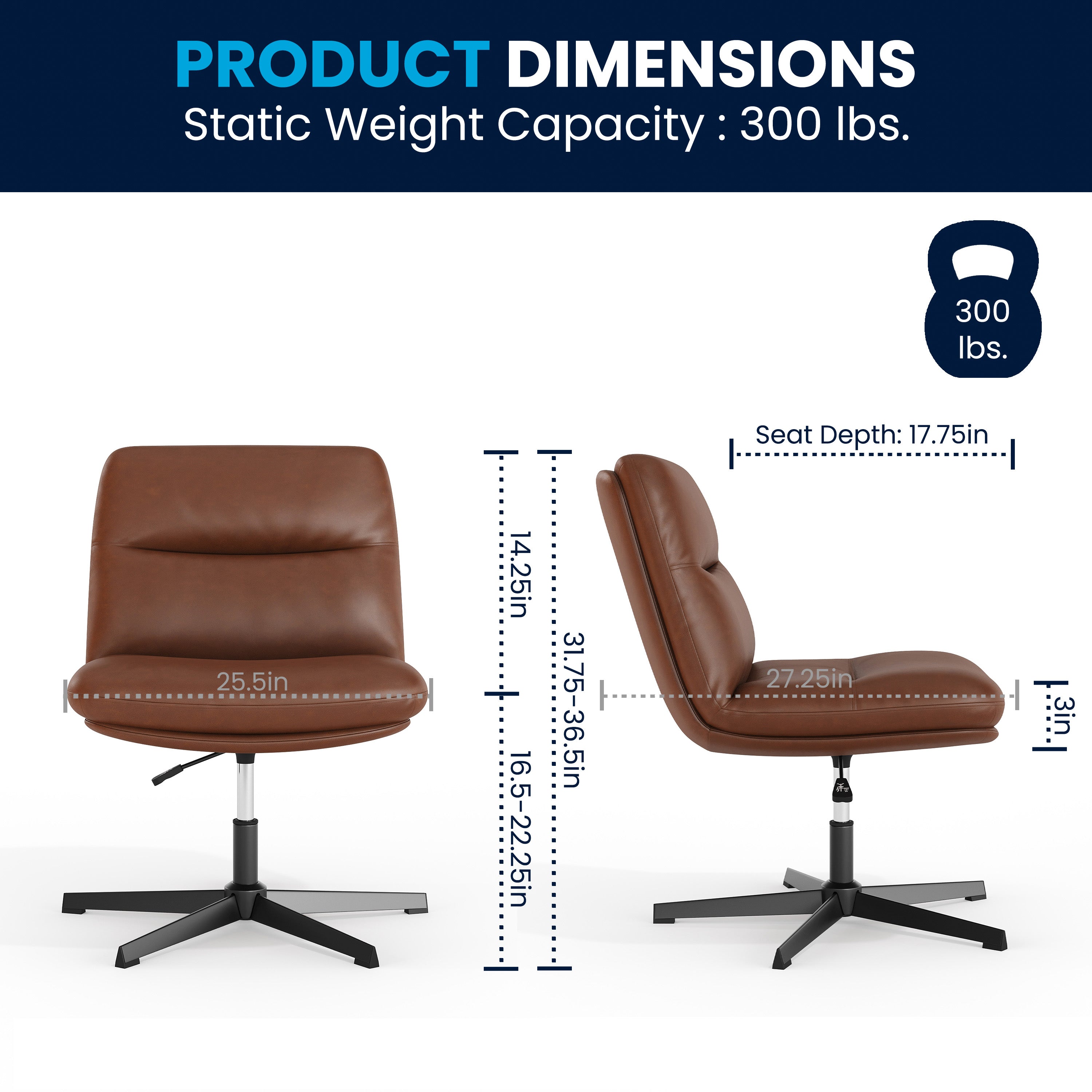 Chloe Commercial Wide Mid-Back Padded Upholstered Armless Stationary Task Office Chair with Adjustable Height, Swivel Function, Frame
