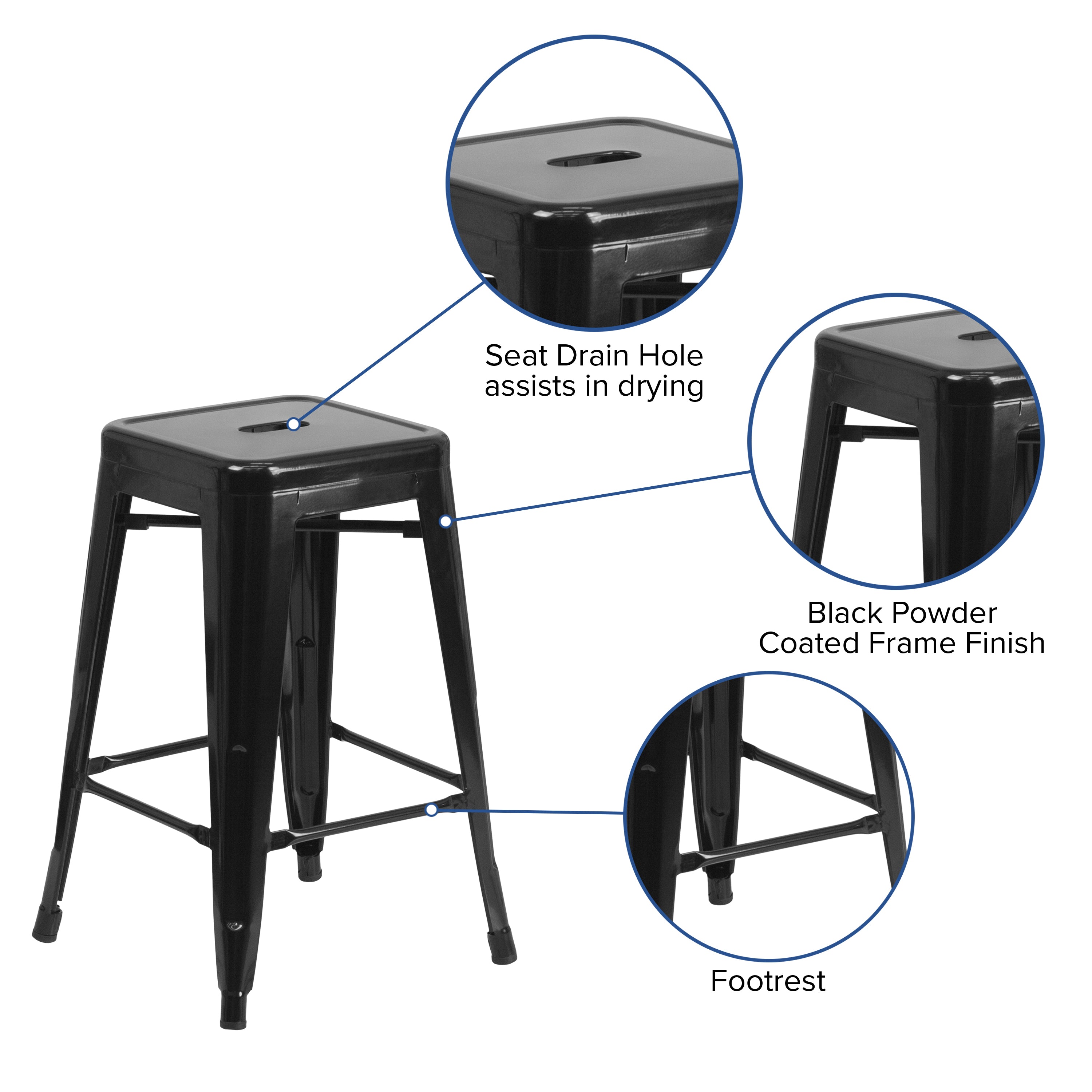 Commercial Grade 24" High Backless Metal Indoor-Outdoor Counter Height Stool with Square Seat-Indoor/Outdoor Bar Stool-Flash Furniture-Wall2Wall Furnishings