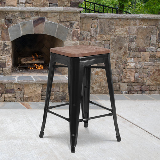 24" High Backless Metal Counter Height Stool with Square Wood Seat