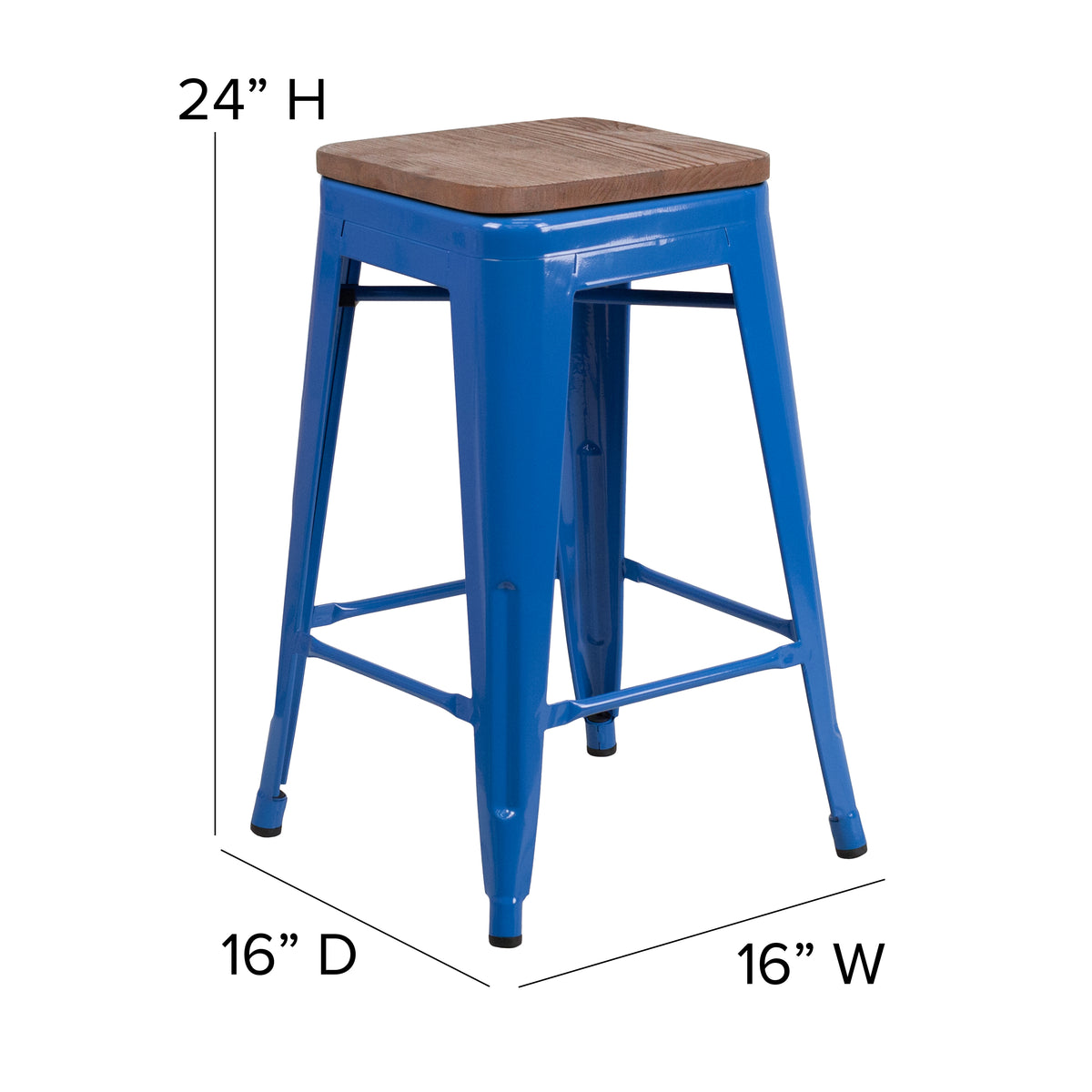 24" High Backless Metal Counter Height Stool with Square Wood Seat