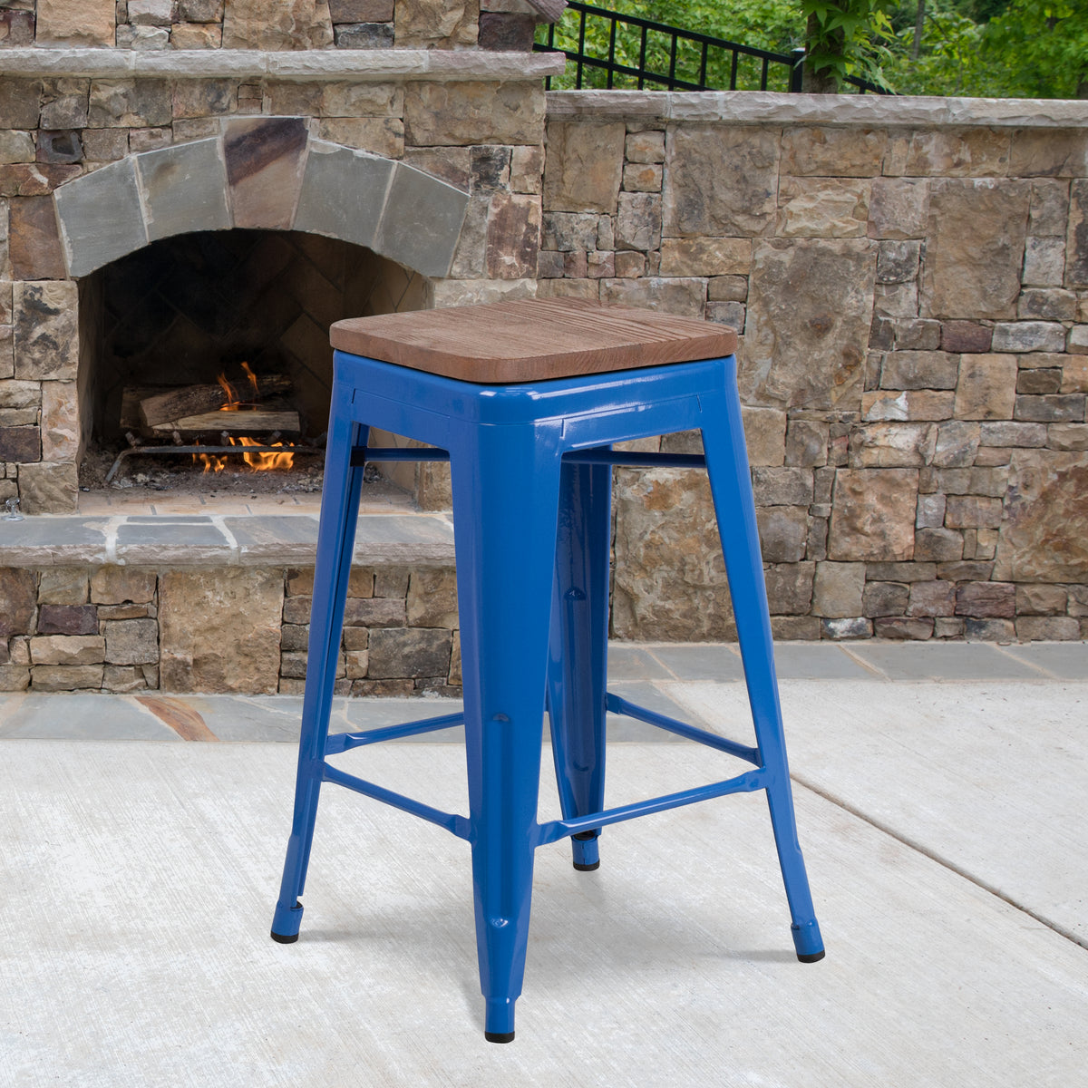 24" High Backless Metal Counter Height Stool with Square Wood Seat
