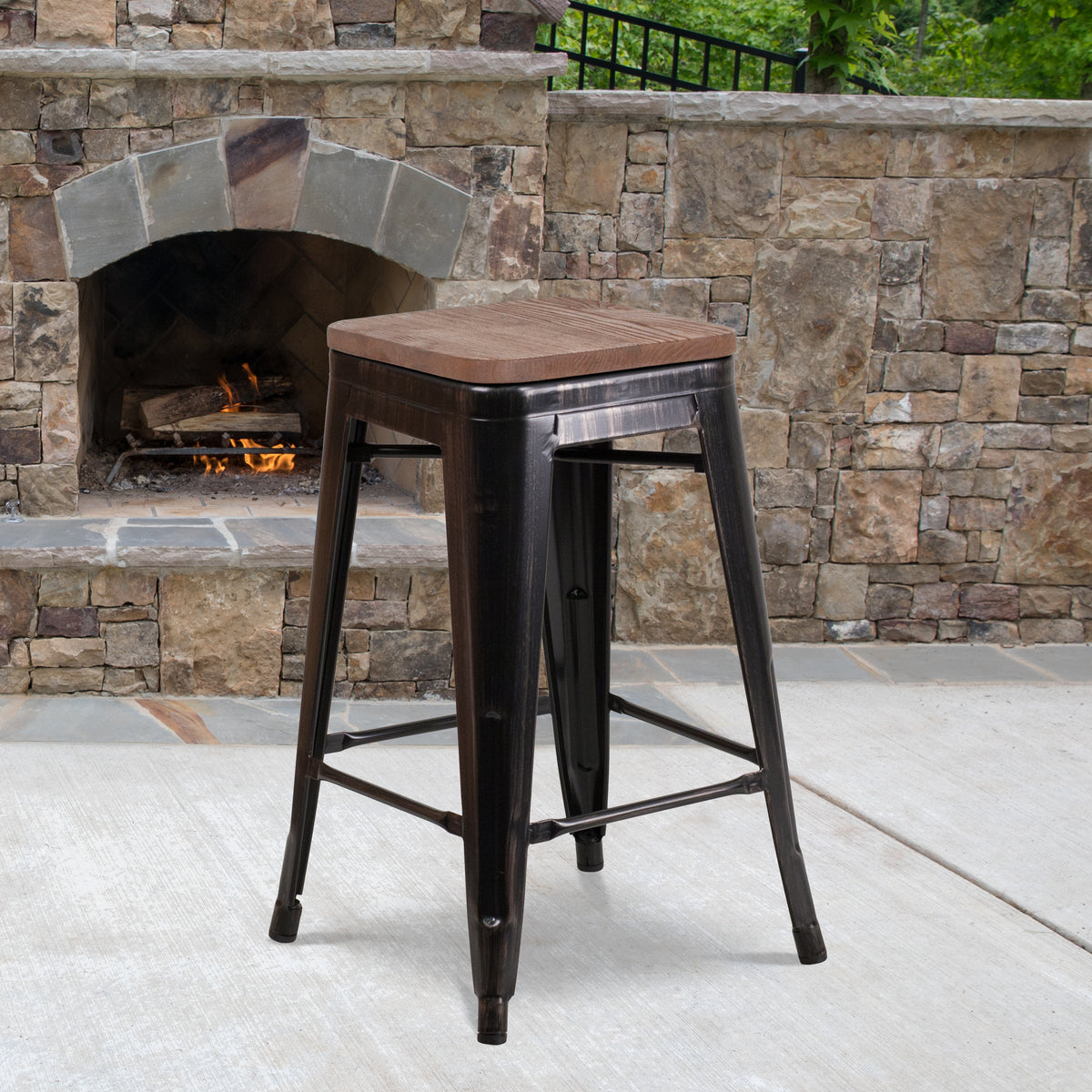 24" High Backless Metal Counter Height Stool with Square Wood Seat