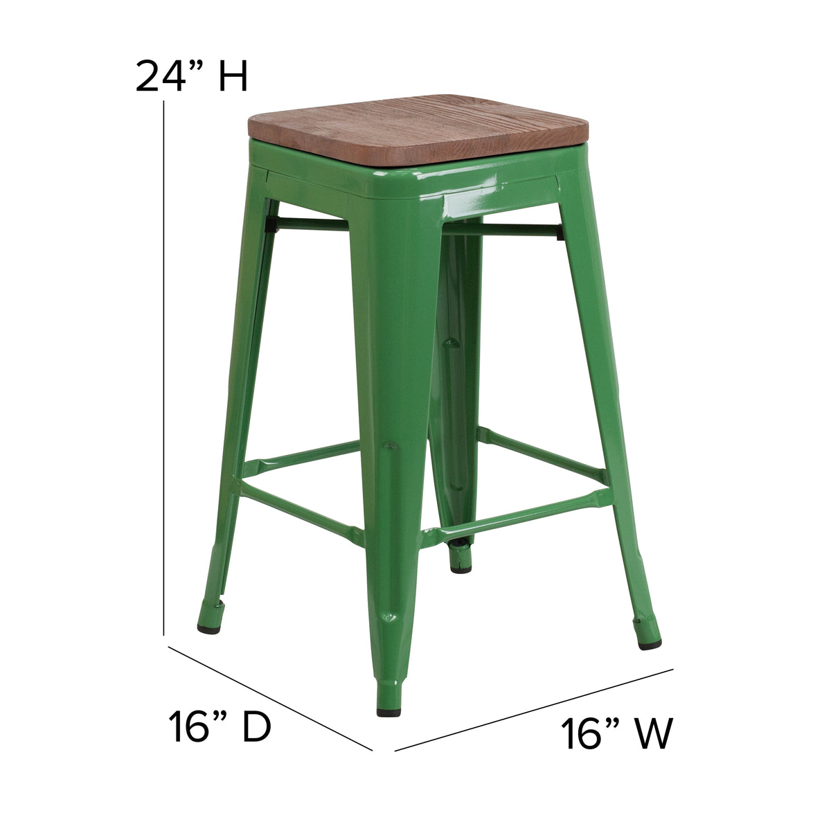 24" High Backless Metal Counter Height Stool with Square Wood Seat