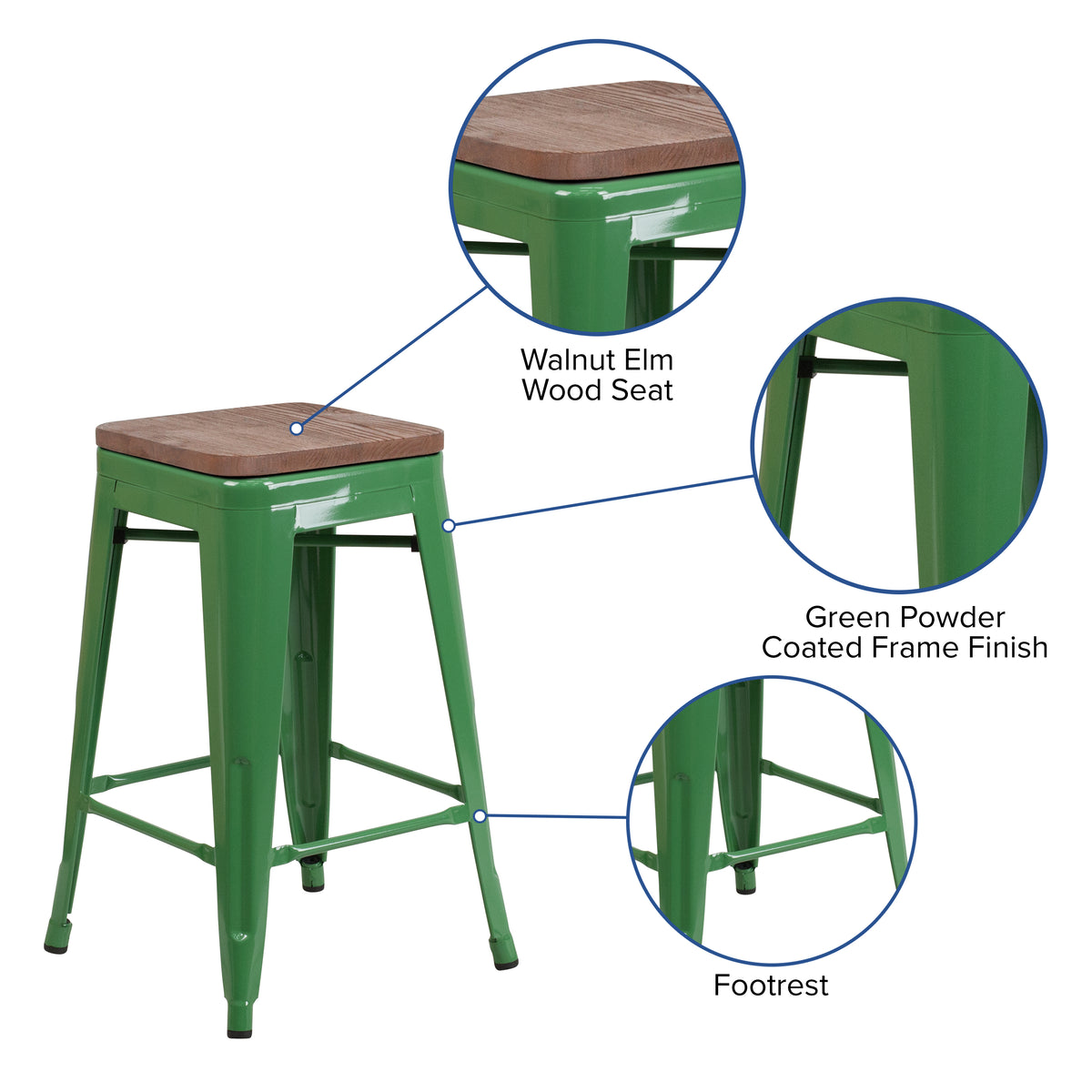 24" High Backless Metal Counter Height Stool with Square Wood Seat