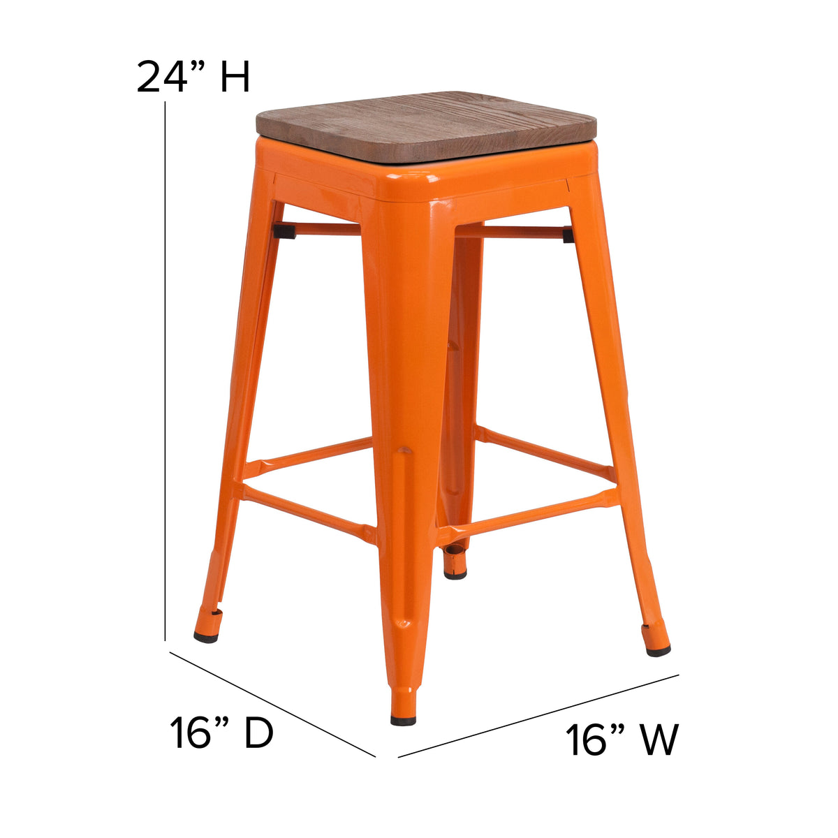 24" High Backless Metal Counter Height Stool with Square Wood Seat