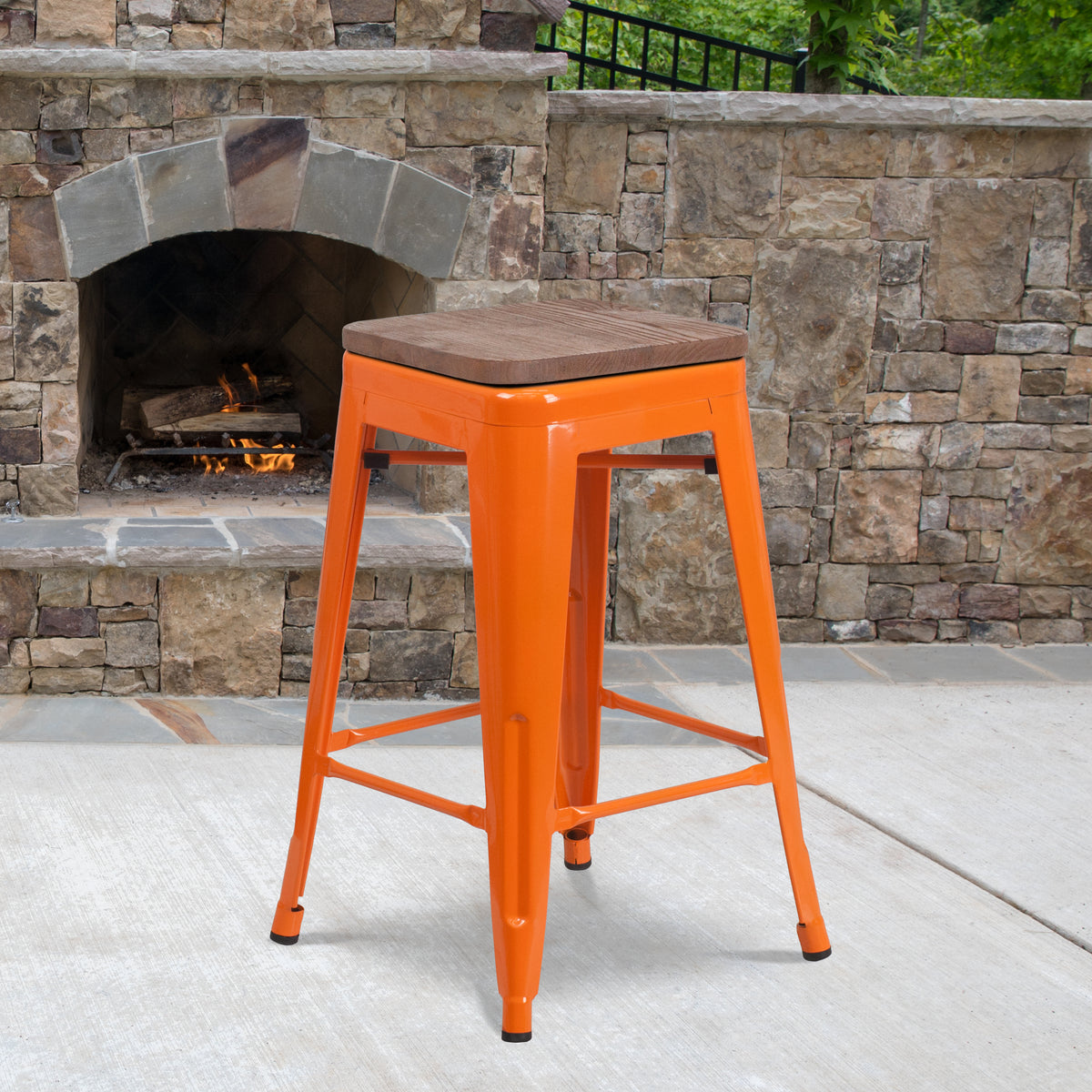 24" High Backless Metal Counter Height Stool with Square Wood Seat