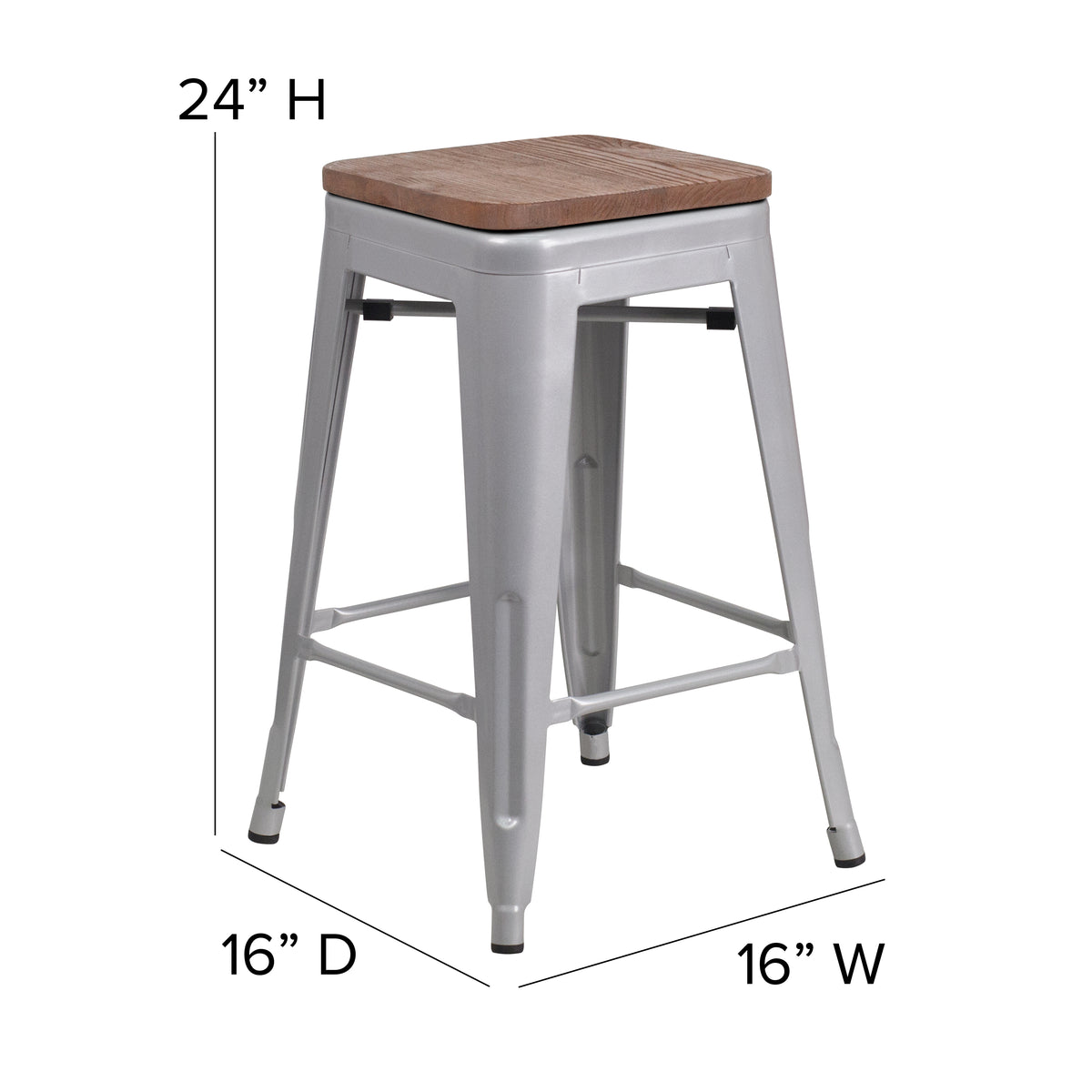 24" High Backless Metal Counter Height Stool with Square Wood Seat