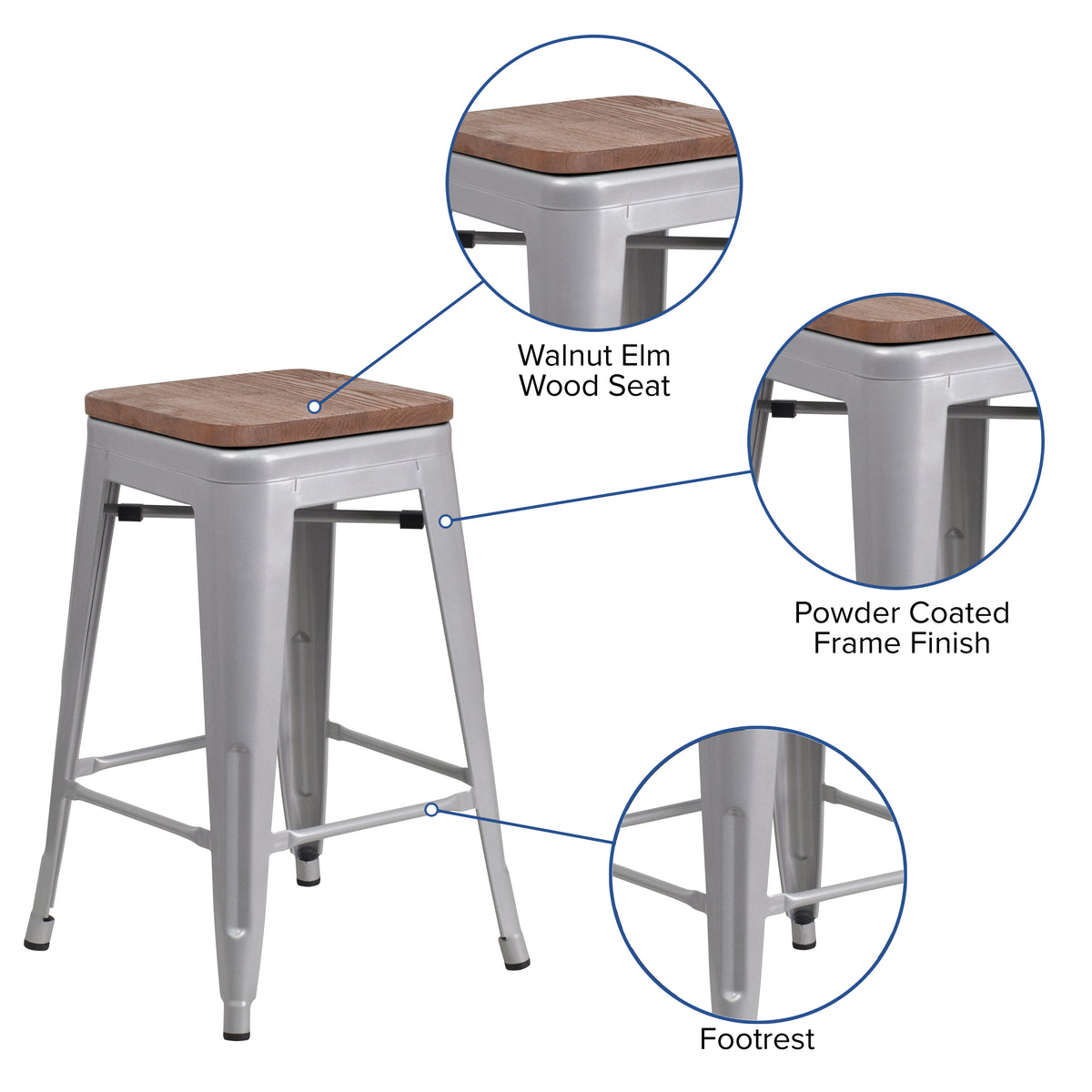 24" High Backless Metal Counter Height Stool with Square Wood Seat