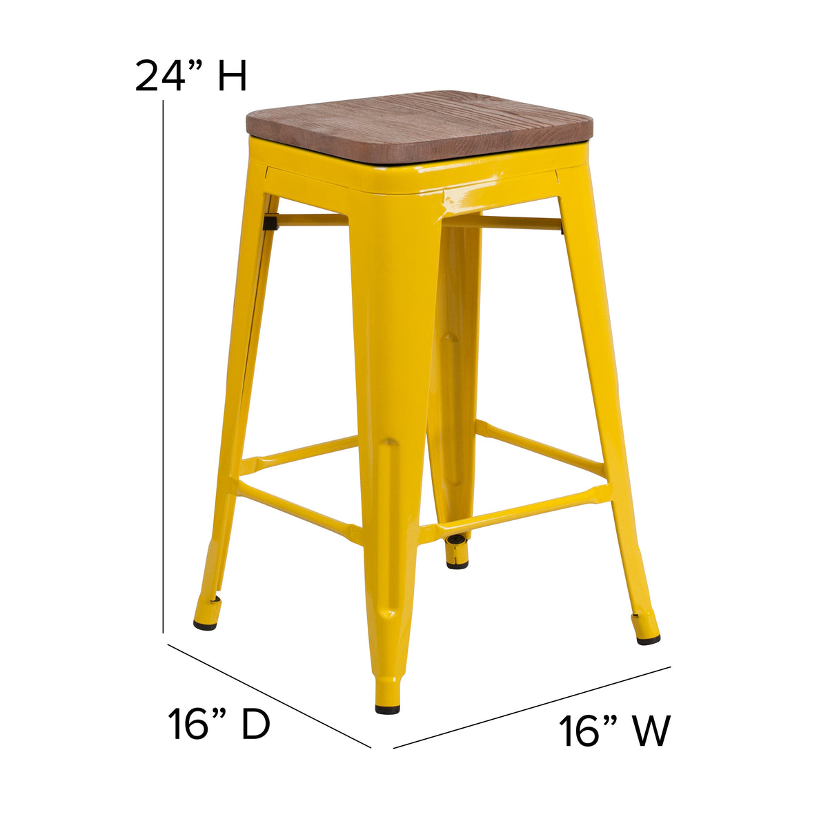 24" High Backless Metal Counter Height Stool with Square Wood Seat