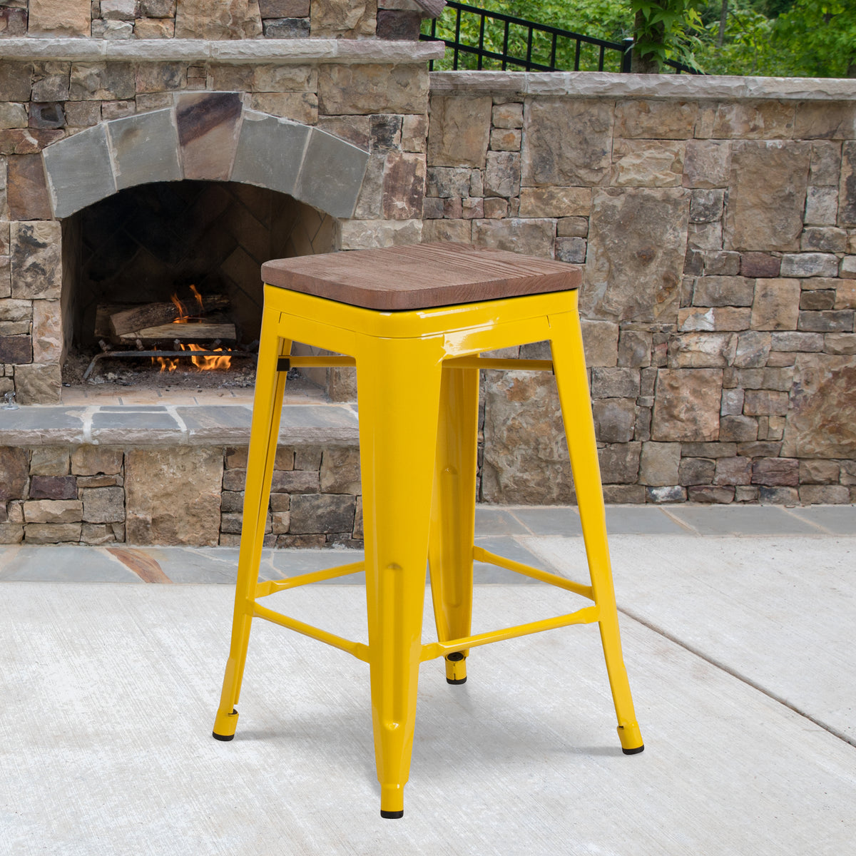24" High Backless Metal Counter Height Stool with Square Wood Seat