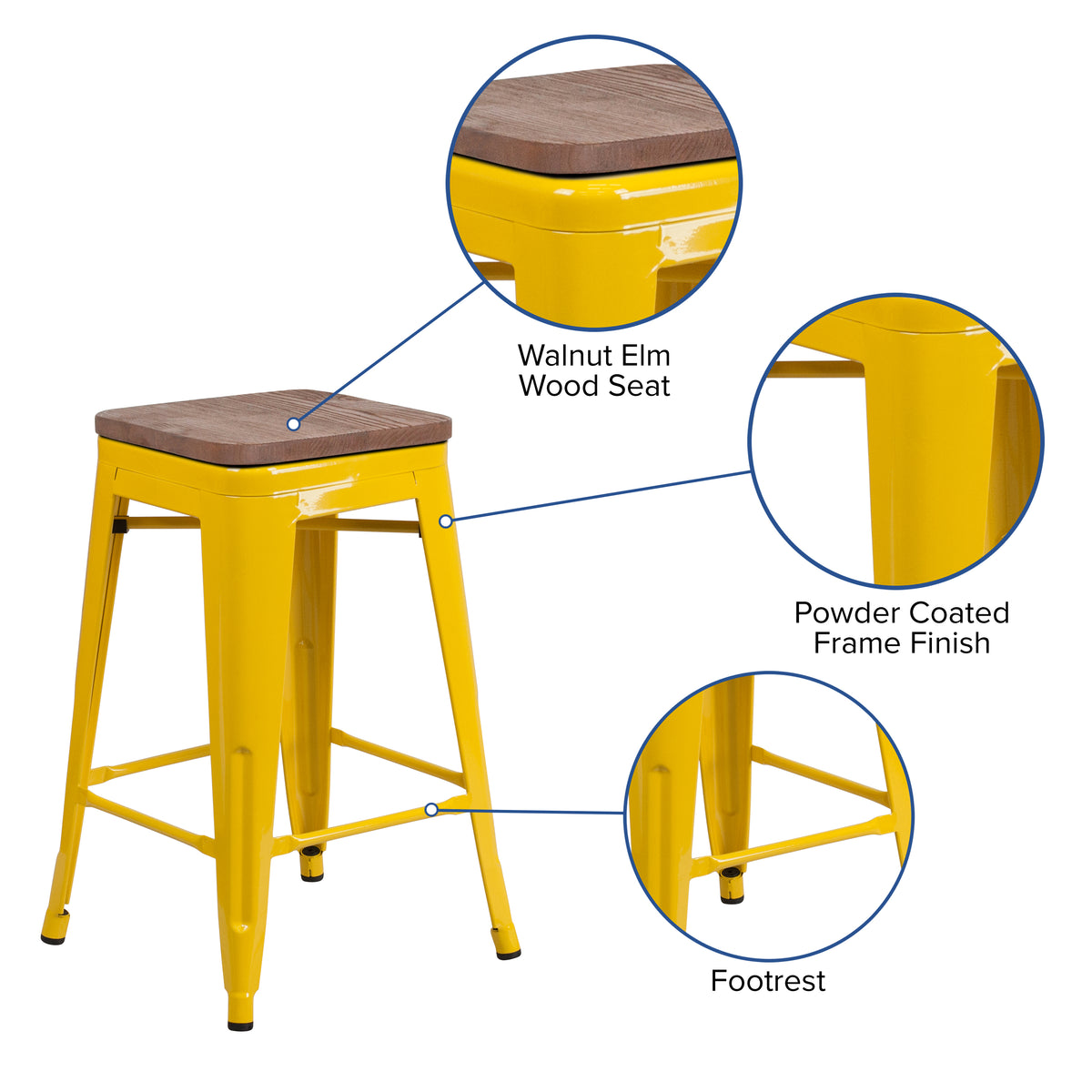 24" High Backless Metal Counter Height Stool with Square Wood Seat