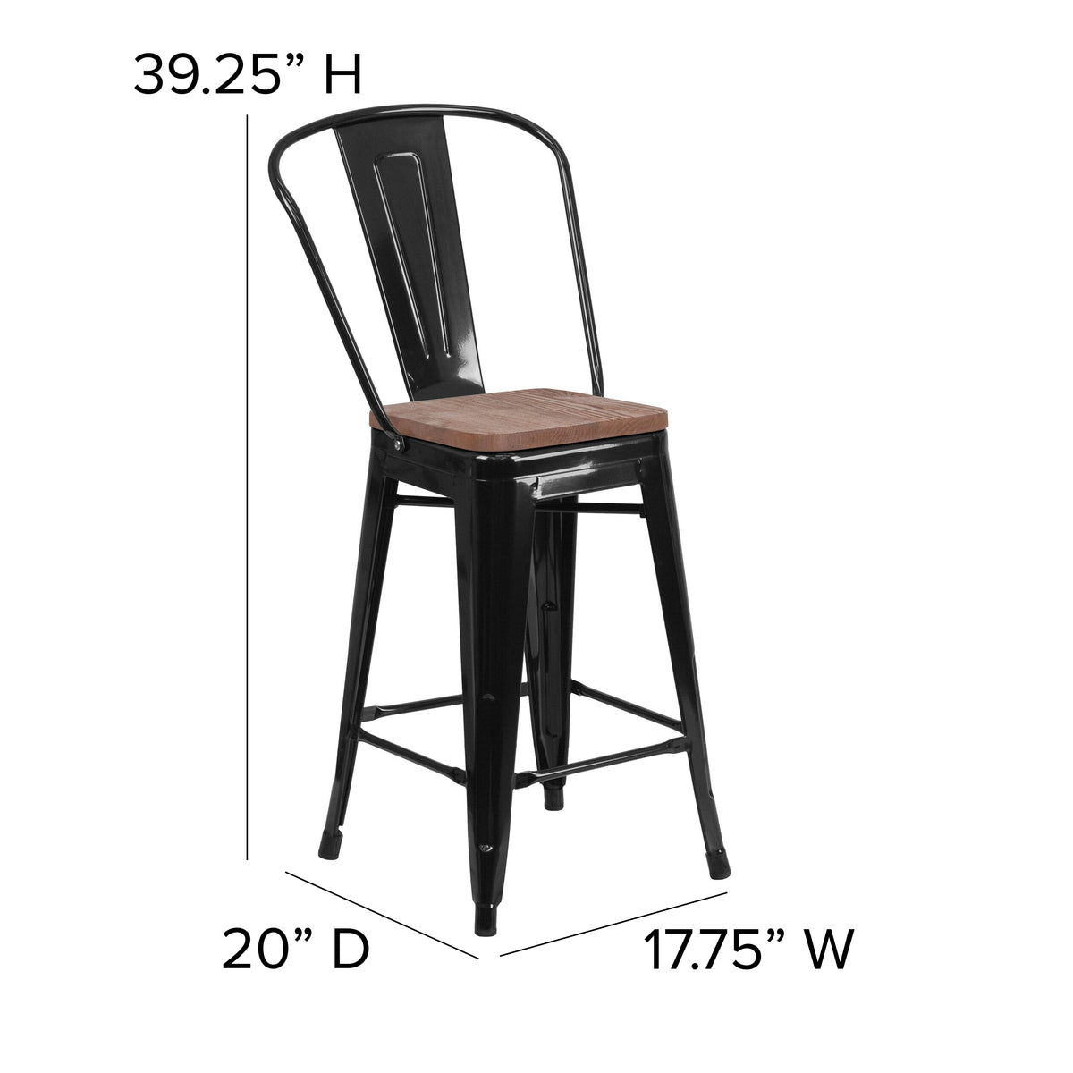 24" High Metal Counter Height Stool with Back and Wood Seat