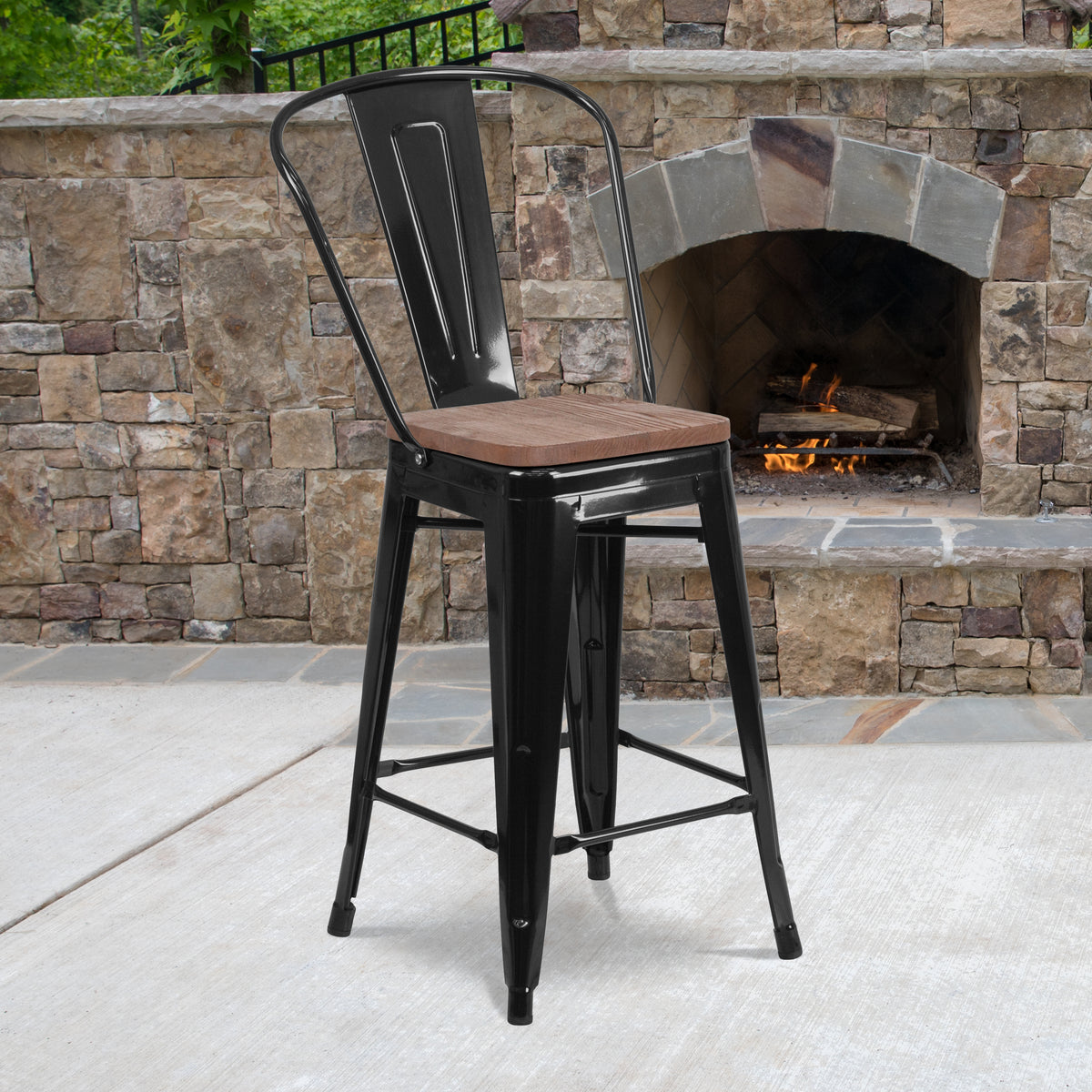 24" High Metal Counter Height Stool with Back and Wood Seat