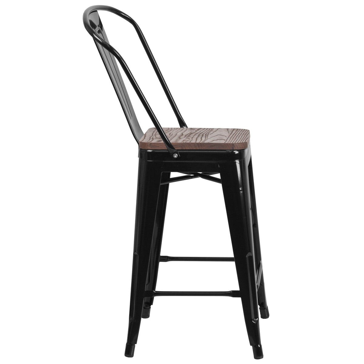 24" High Metal Counter Height Stool with Back and Wood Seat