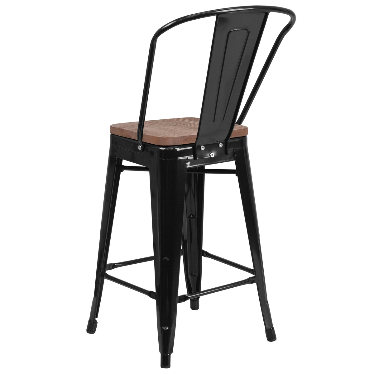 24" High Metal Counter Height Stool with Back and Wood Seat