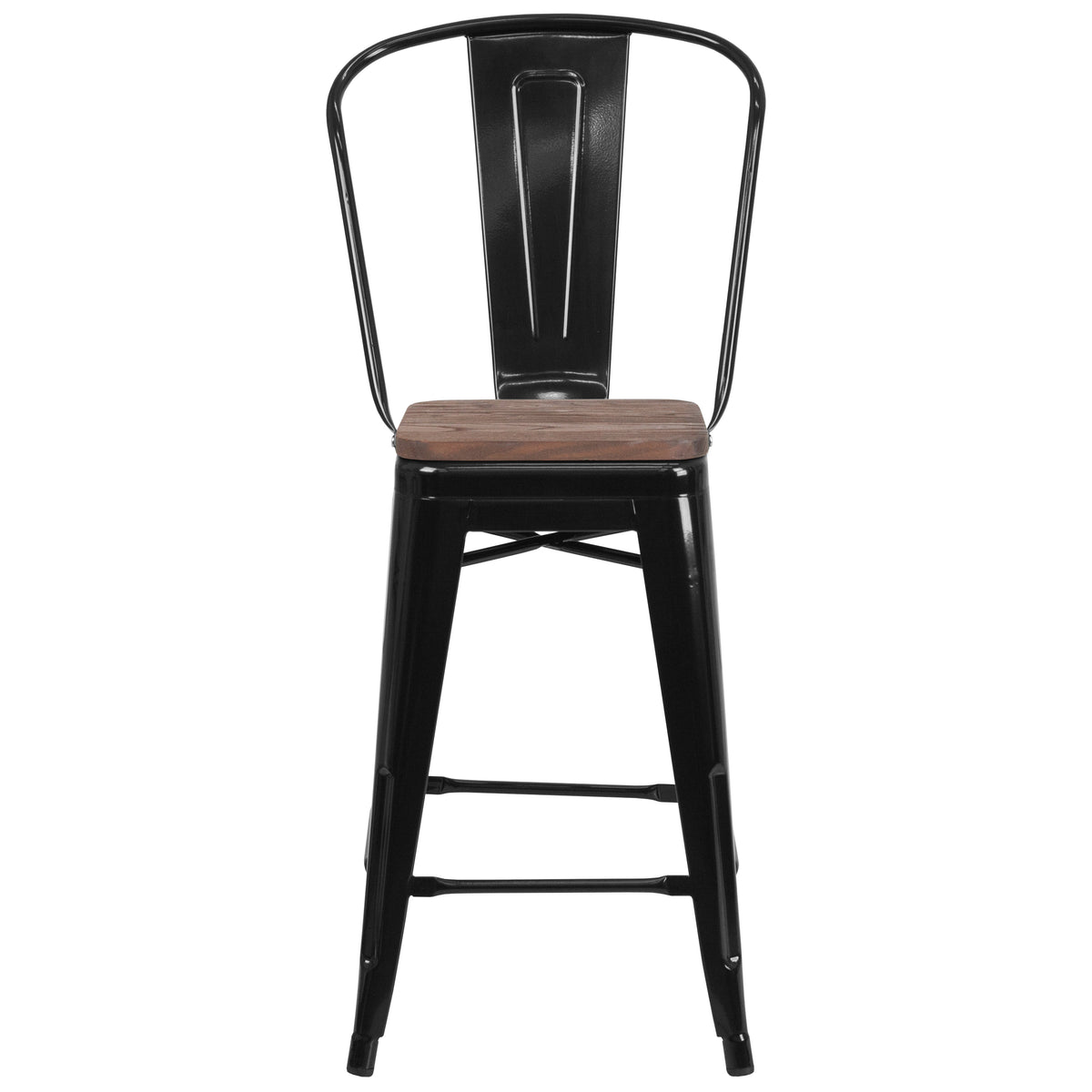 24" High Metal Counter Height Stool with Back and Wood Seat