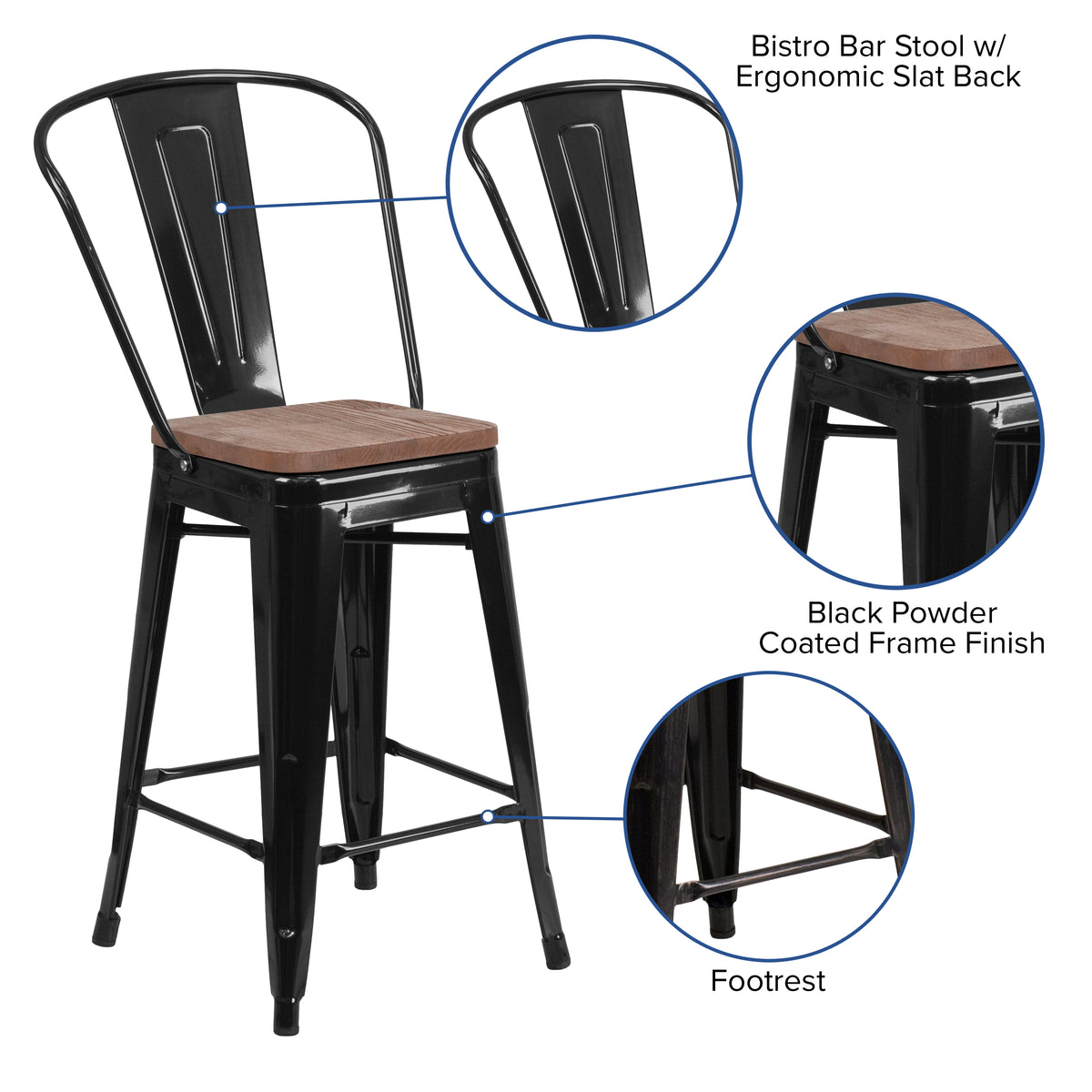 24" High Metal Counter Height Stool with Back and Wood Seat