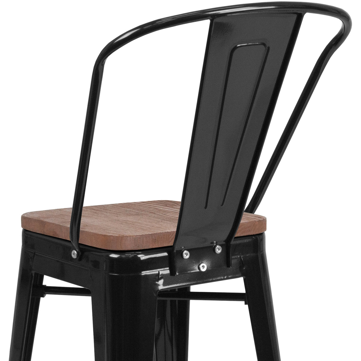 24" High Metal Counter Height Stool with Back and Wood Seat