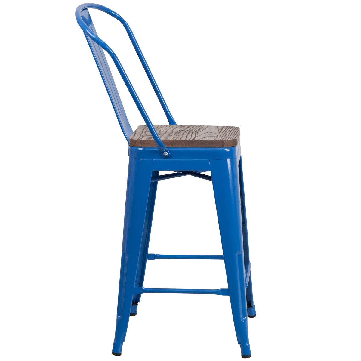 24" High Metal Counter Height Stool with Back and Wood Seat