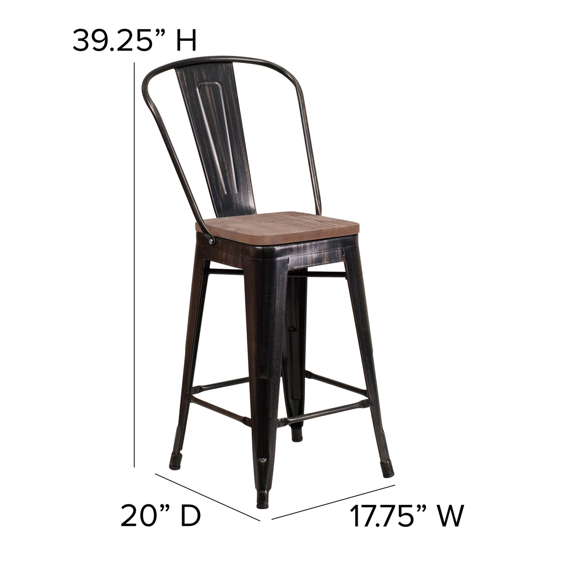 24" High Metal Counter Height Stool with Back and Wood Seat