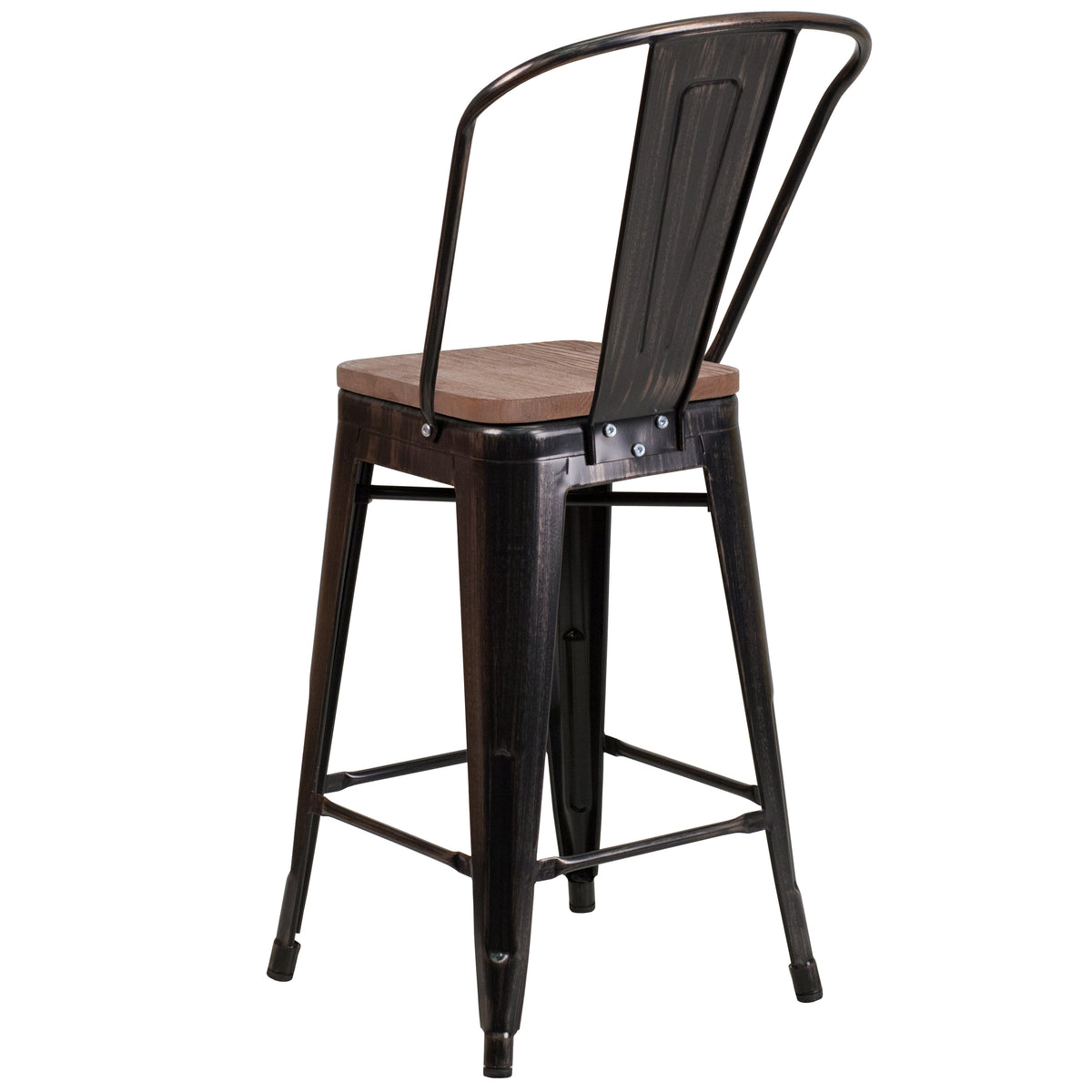 24" High Metal Counter Height Stool with Back and Wood Seat