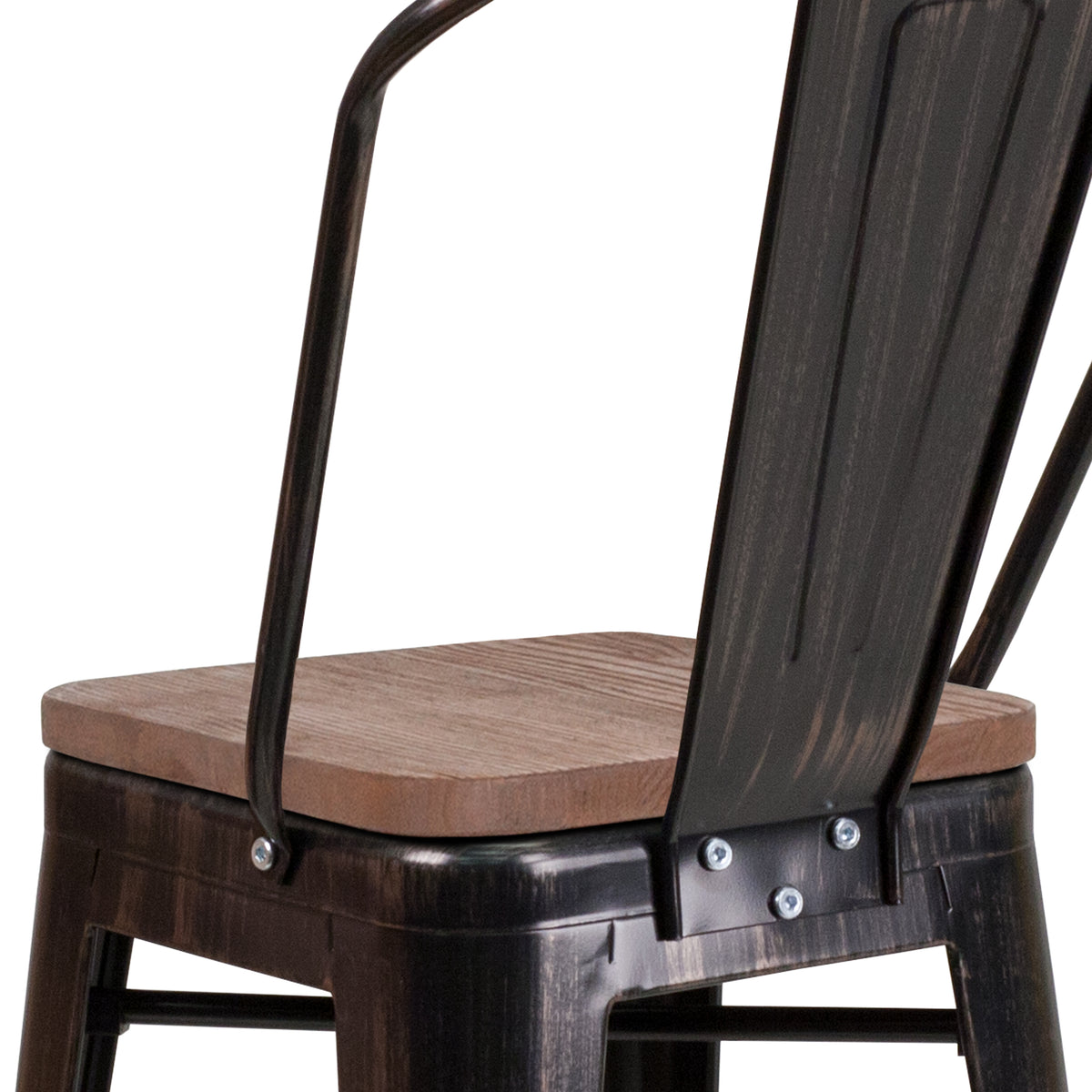 24" High Metal Counter Height Stool with Back and Wood Seat