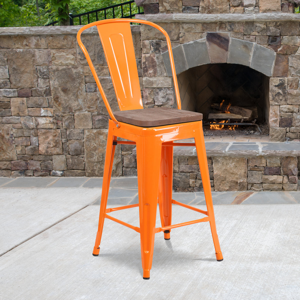 24" High Metal Counter Height Stool with Back and Wood Seat