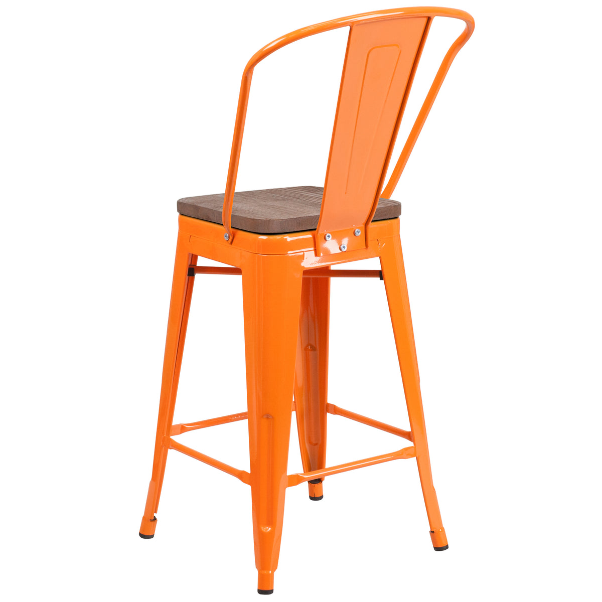 24" High Metal Counter Height Stool with Back and Wood Seat