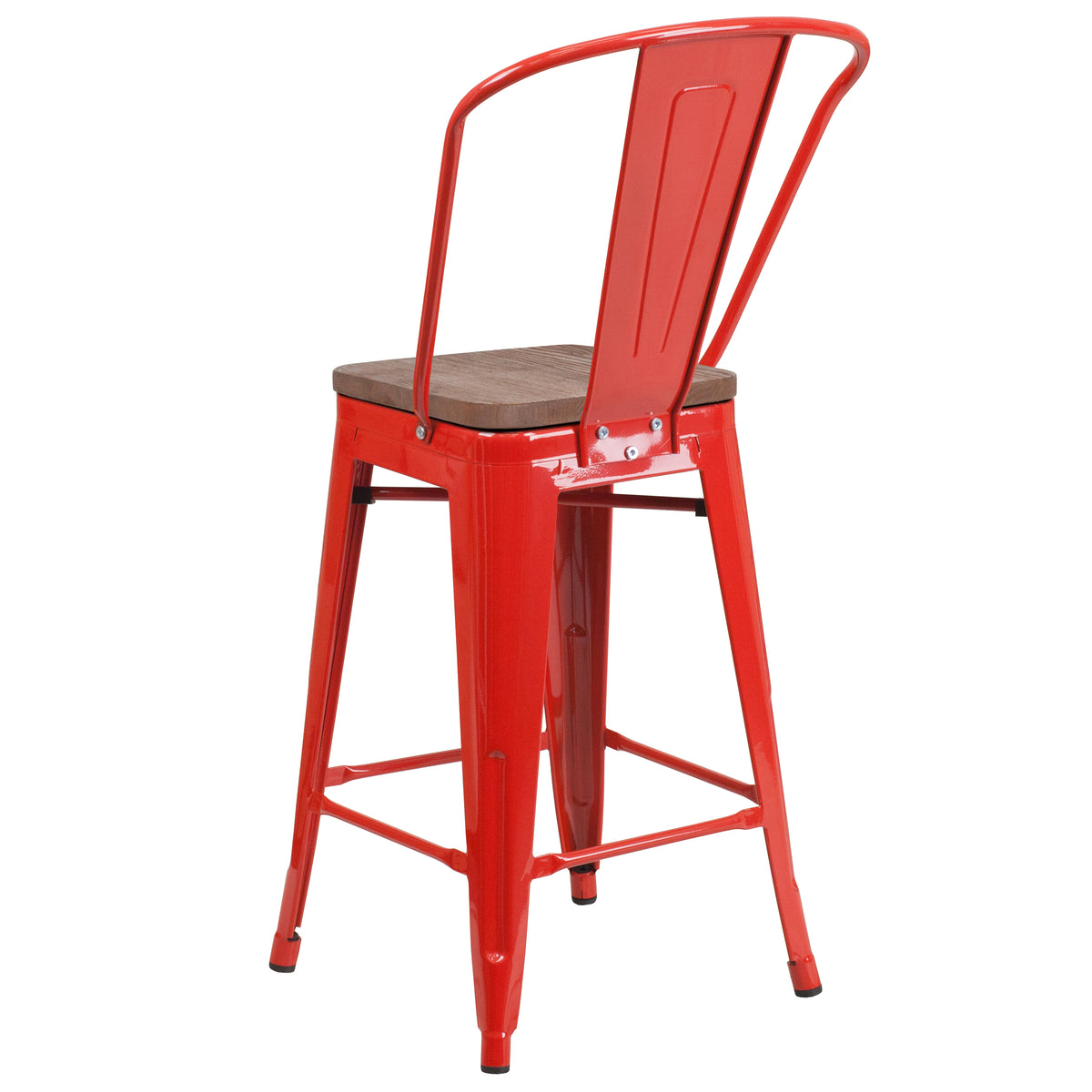 24" High Metal Counter Height Stool with Back and Wood Seat