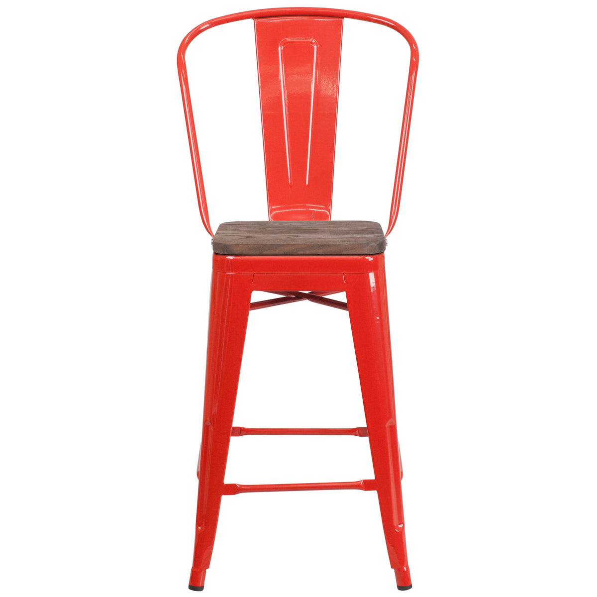 24" High Metal Counter Height Stool with Back and Wood Seat