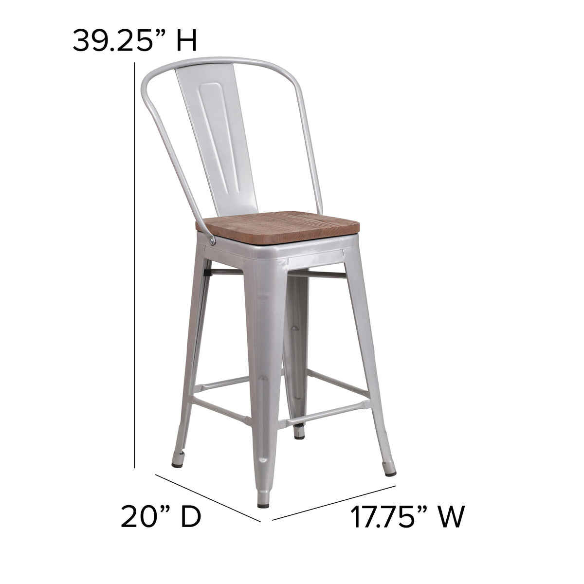 24" High Metal Counter Height Stool with Back and Wood Seat