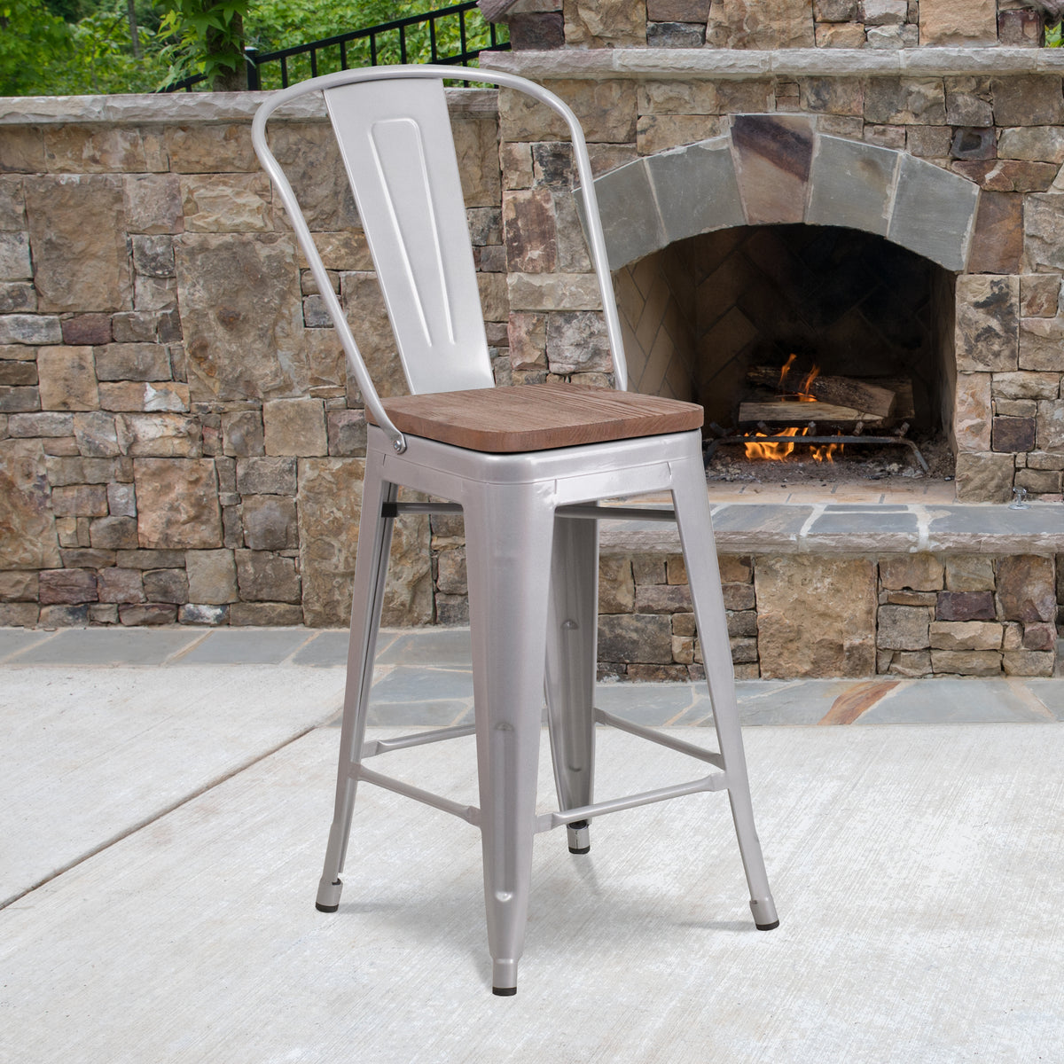 24" High Metal Counter Height Stool with Back and Wood Seat