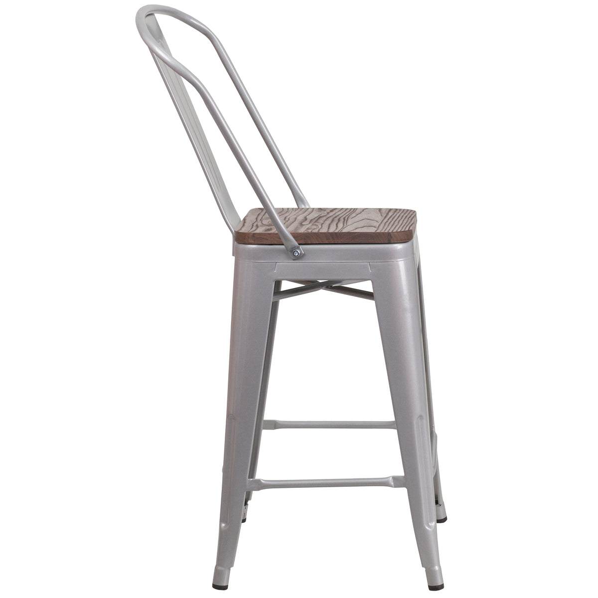 24" High Metal Counter Height Stool with Back and Wood Seat