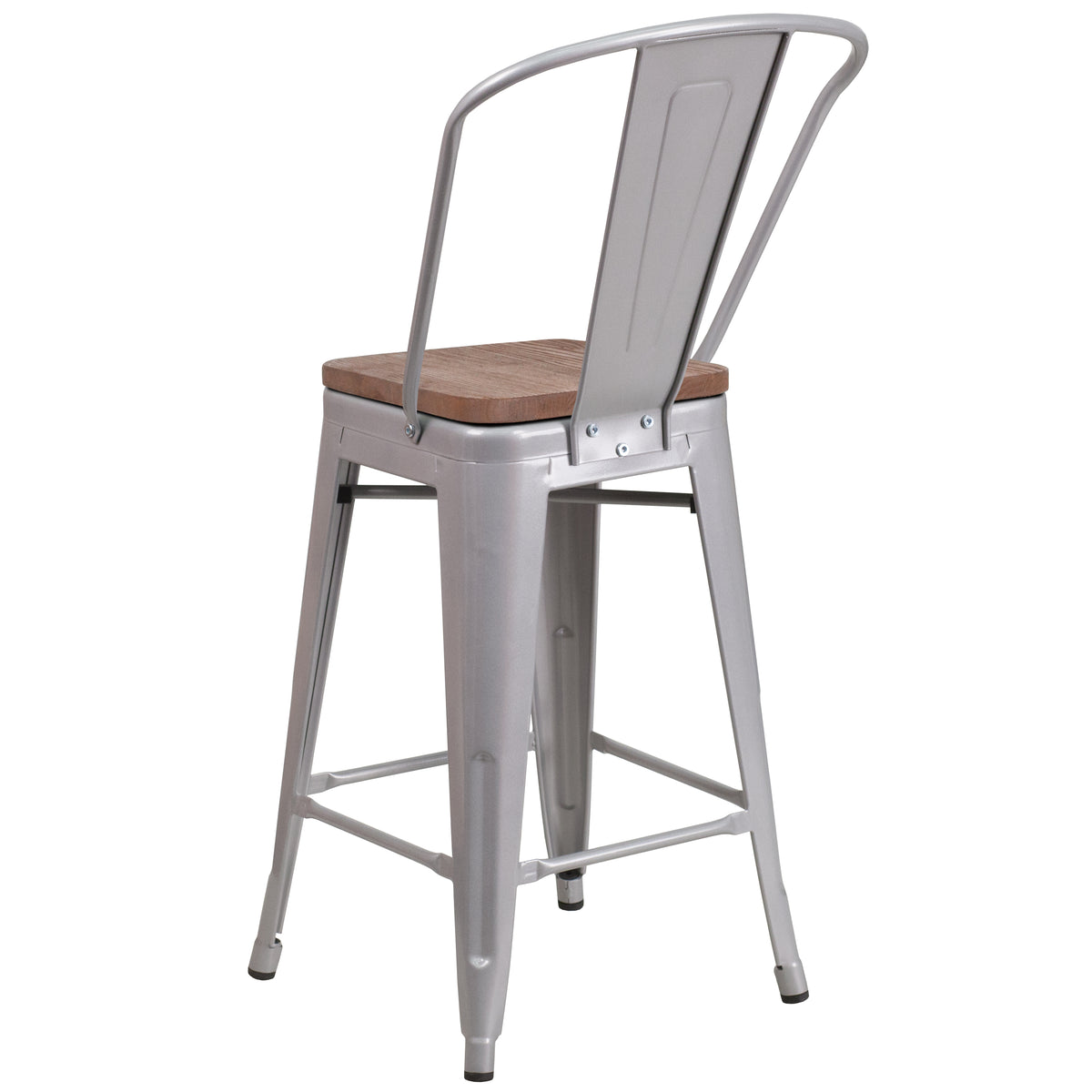 24" High Metal Counter Height Stool with Back and Wood Seat