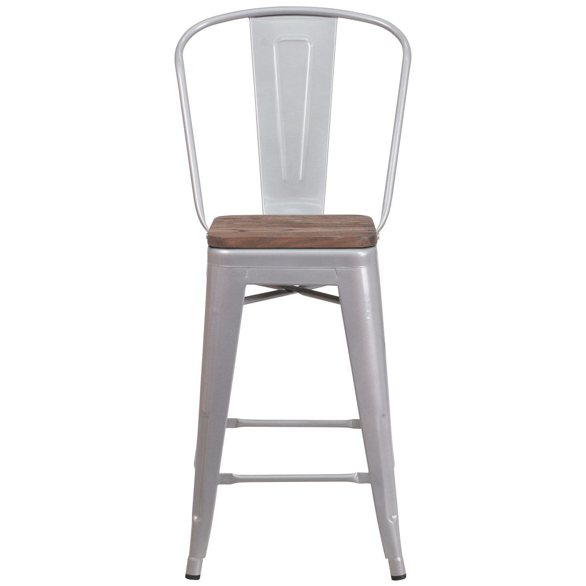 24" High Metal Counter Height Stool with Back and Wood Seat