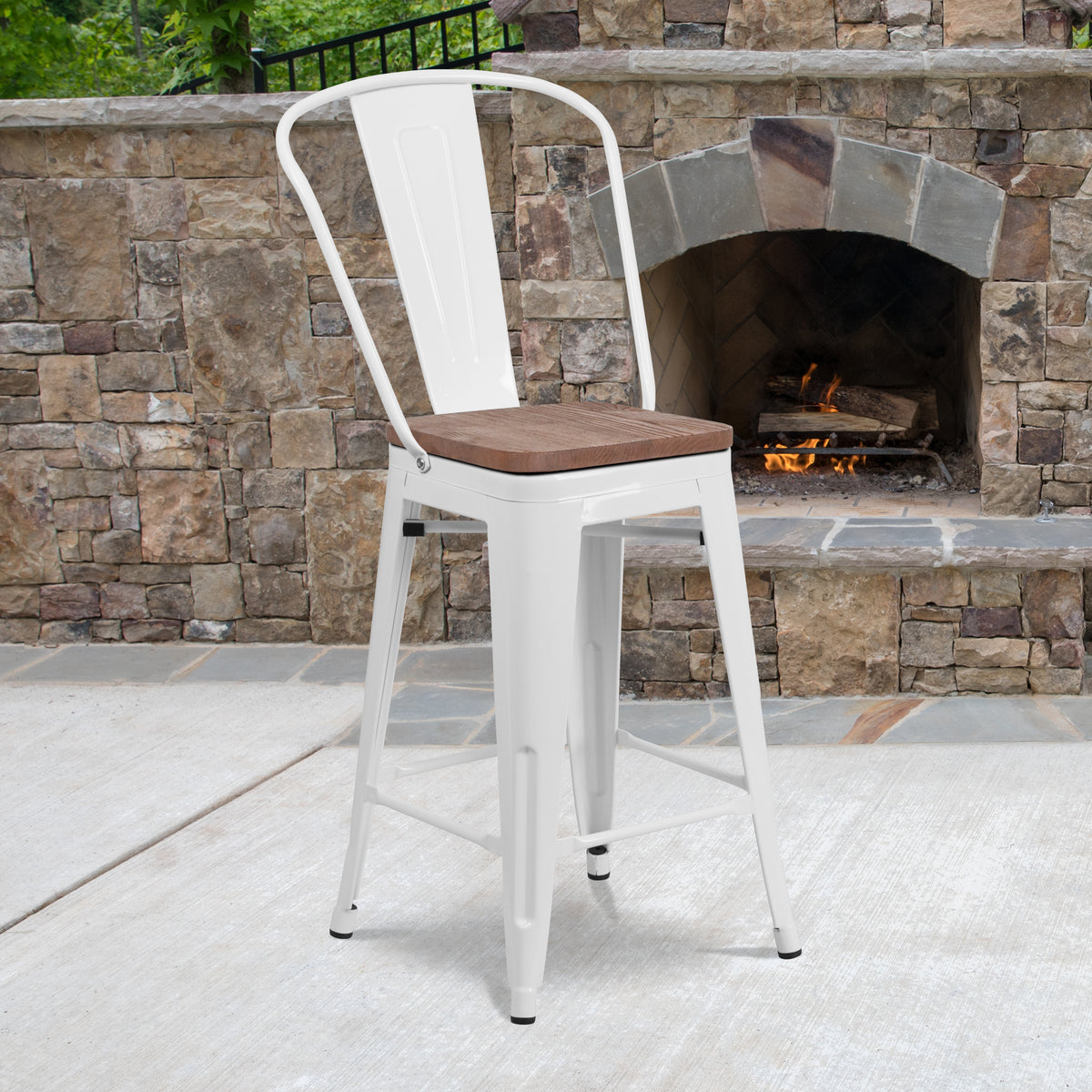24" High Metal Counter Height Stool with Back and Wood Seat