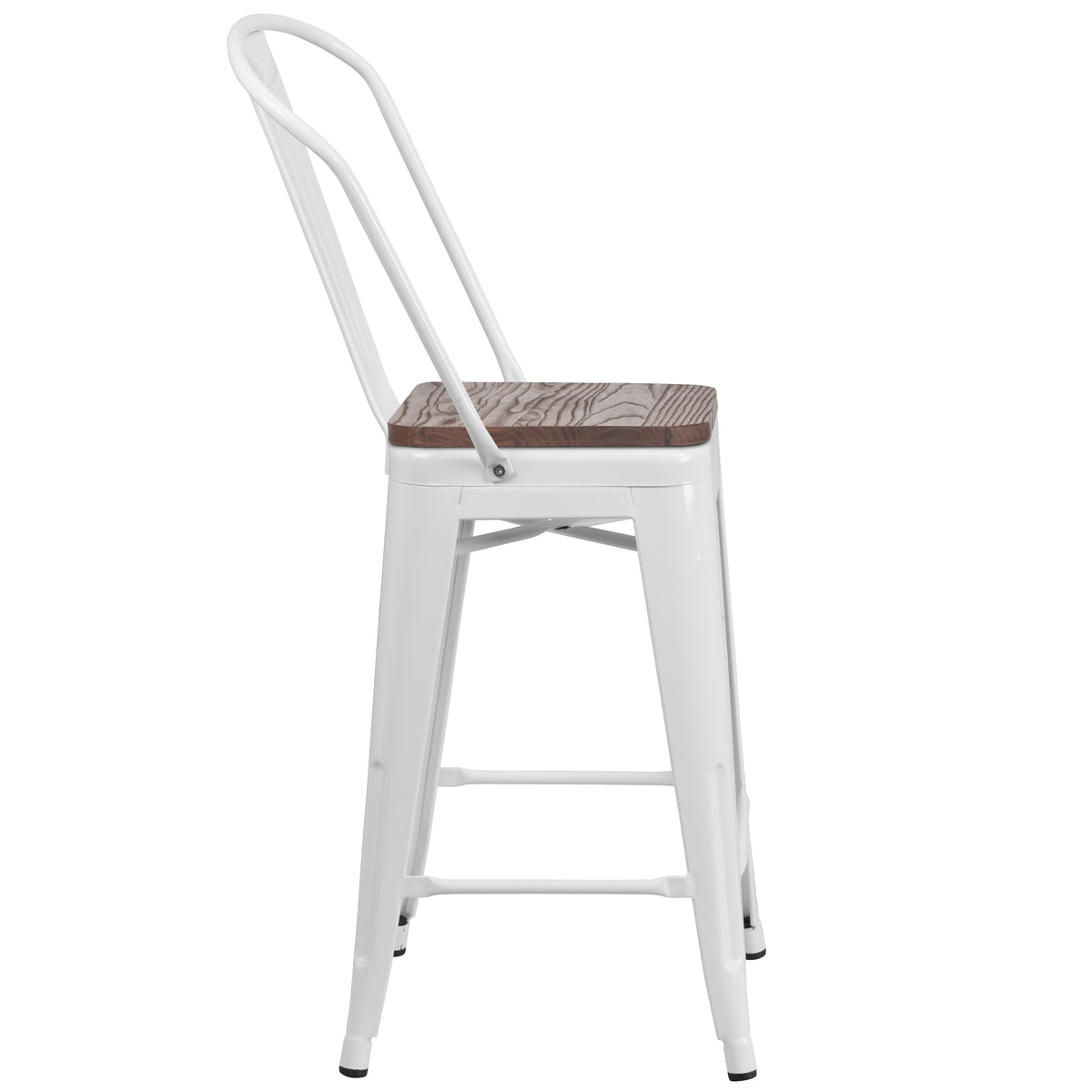 24" High Metal Counter Height Stool with Back and Wood Seat