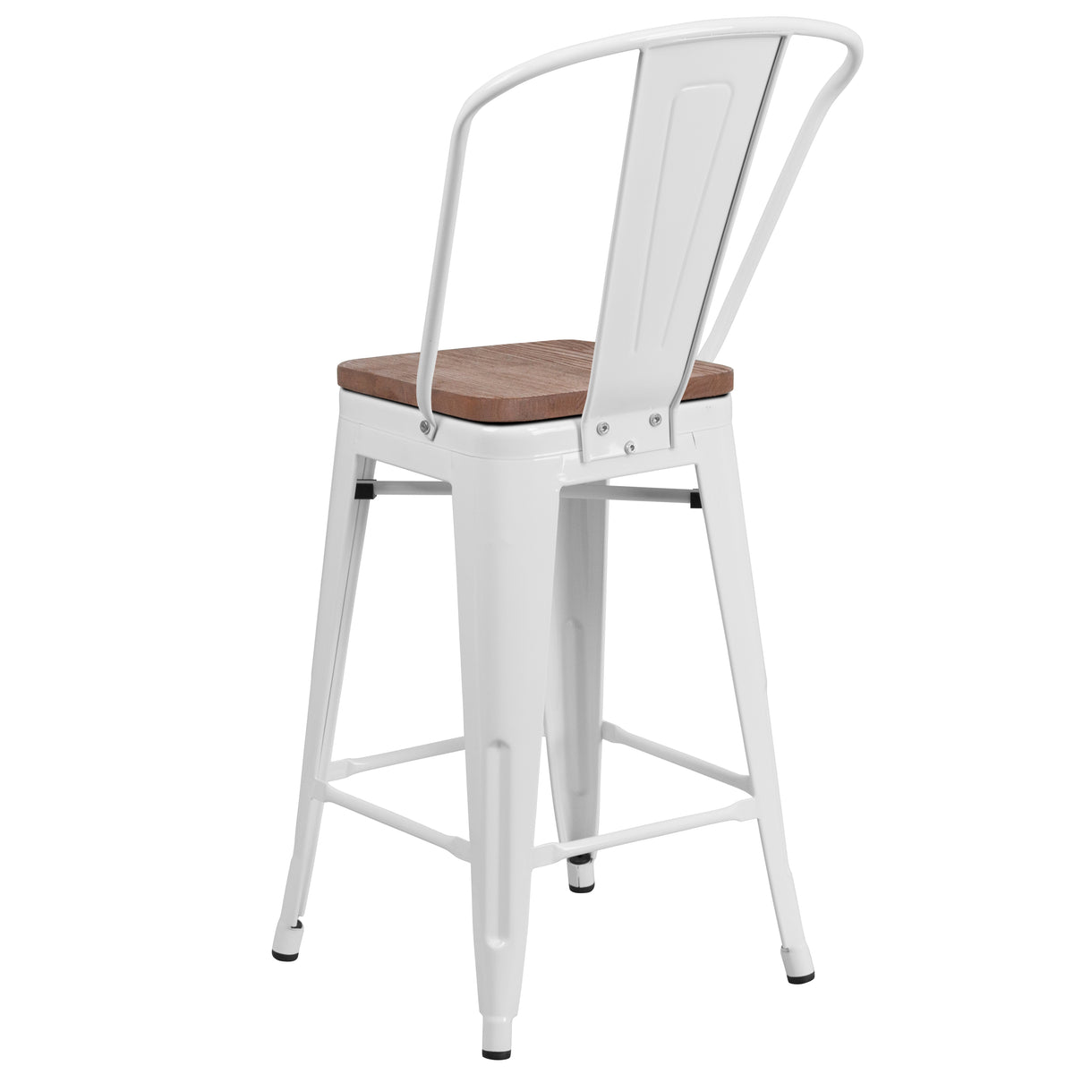 24" High Metal Counter Height Stool with Back and Wood Seat