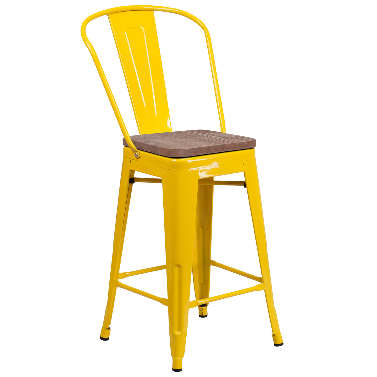 24" High Metal Counter Height Stool with Back and Wood Seat
